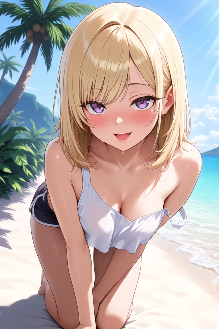 narita top road\(umamusume\), ultra-detailed face, masterpiece, best quality, front, muscle, abs, white bikini, upper body, pool, light smile, from below,