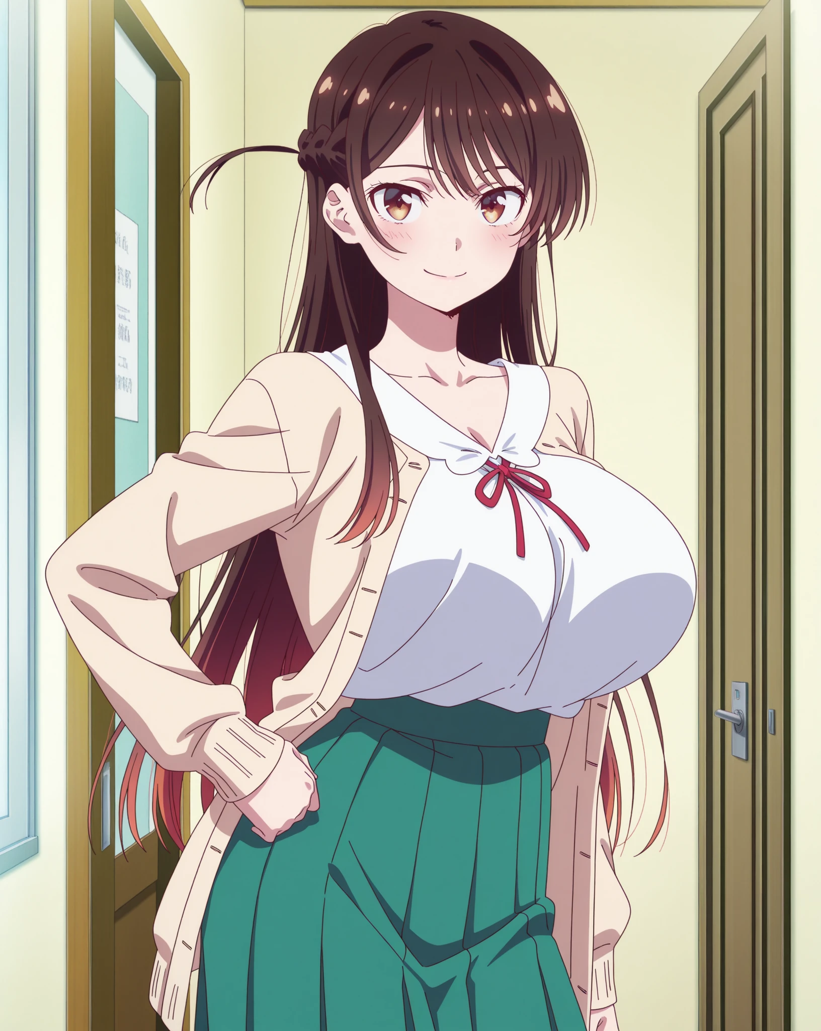 score_9, score_8_superior, score_7_superior, sauce_anime,
sumirekoogawa, sumireko ogawa, Brown Hair, Brown eyes, Thick eyebrows, Mole, Mole under eye,
bangs, shirt, Long sleeve, dress, bow, , white shirt, ponytail, collared shirt, bowtie, Mole, Mole under eye, red dress, pink bow, pinafore dress, pink bowtie,Standing、(Huge breasts:1.5)
indoor, classroom, smile,
View your viewers, Cowboy Shot, alone, Dutch Angle,