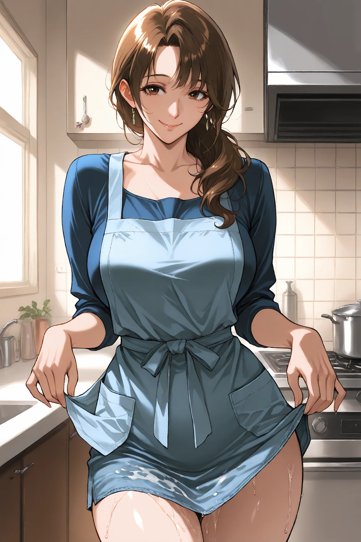 Beautiful house wife, Tan skin, wearing Apron,  smile, has fatty upper pubic area.