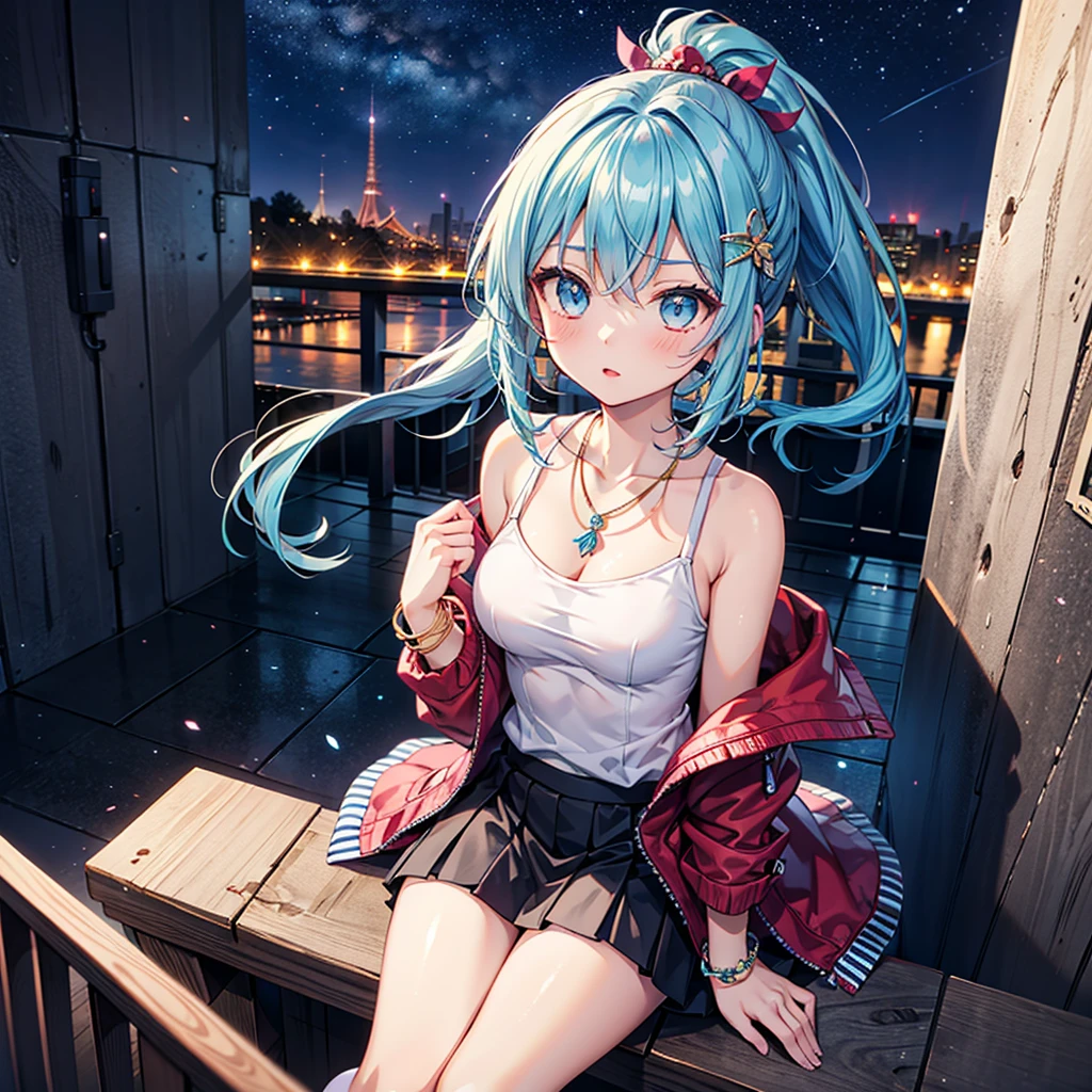 Anime Moe Art Style,highest quality,High resolution,One Girl,Anatomically correct,Mid-teens,A girl with light blue hair in a ponytail,Super detailed,off shoulder tops,mini skirt,big breast cleavage,Active,Bright smile,Laughing with your mouth open,A rich expression,Eyes drawn in detail,necklace,ring,hair ornaments,bracelet,Moonlit night sky,pirate ship,On the ship,Sitting on the bow of a ship,8K
