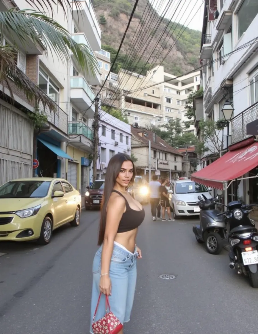((Realistic lighting, Best quality, 8K, Masterpiece: 1.3)), Clear focus: 1.2, 1girl, Perfect Figure: 1.4, Slim Abs: 1.1, ((Dark brown hair)), (White crop top: 1.4), (Outdoor, Night: 1.1), City streets, Super fine face, Fine eyes, Double eyelids,