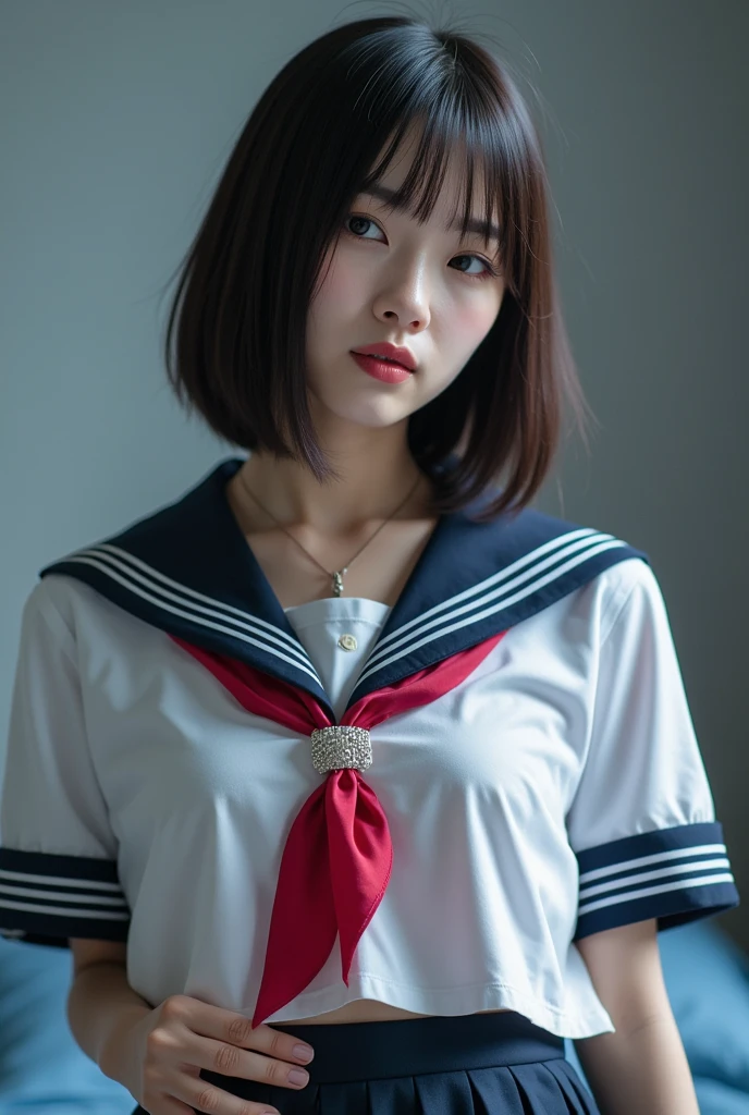 (8K、RAW Photos、top-quality、masterpiece:1.2)、(realisitic、Photorealsitic:1.37)、女の子1人、japanes、sixteen years old、femele、Classroom、natta、profetional lighting、Photon mapping、torn、Colossal tits、The tips of the knitted, which are pure white and very small in size, stick out、areola protruding、The shape of the pubic area is clearly visible、gals、Lots of lashes、Lame on the eyelids、Pitch black lip、Pitch black heels、pubick hair、the lower abdomen bristles、A slender、crotch open、My are big and are about to spill out of my bra、Very much pubic hair、pubic hair is very protruding、((a sailor suit))、maroon short hair