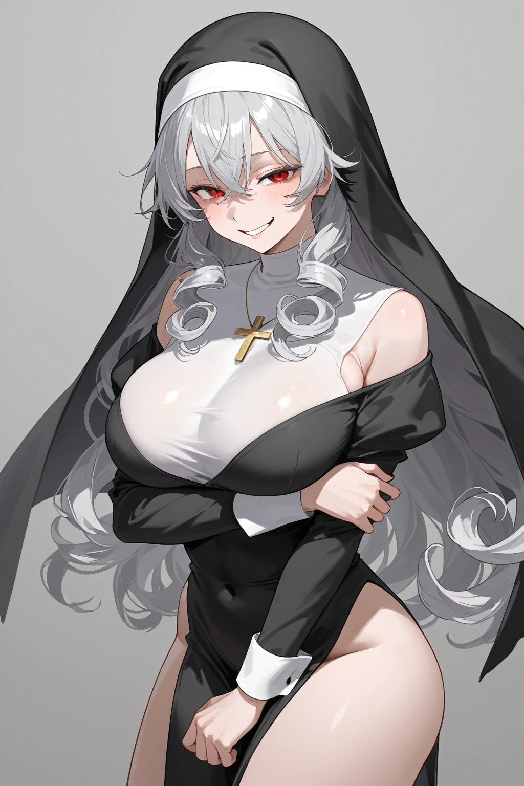Garota de 18 anos ultra realista, corpo, long black braided hair with bangs, gothic nun, seios achatados, calcinha, menacing face, asas de anjo, masmorra.