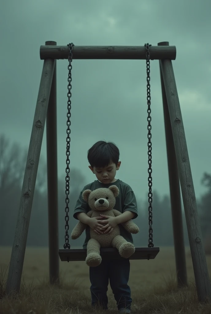 A highly realistic image of a young boy, around , sitting alone on a bench in an empty school playground. The boy has short black hair and wears a simple striped shirt and dark pants. His small hands are clasped tightly in his lap, and he is looking down at his feet, his face showing a deep sense of sadness and loneliness. The playground around him is deserted, with empty swings gently swaying in the wind and a few scattered leaves on the ground. The sky is overcast, casting a grey tone over the scene, adding to the feeling of isolation. The boy's eyes are slightly teary, and his posture is slouched, as if carrying the weight of his solitude. The overall atmosphere is quiet and somber, capturing a moment of pure loneliness and the emotional weight it carries for a child at school.