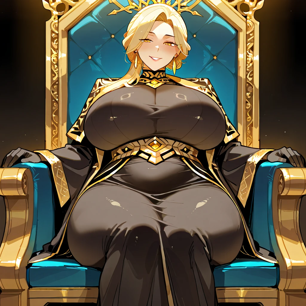 (Score_9, score_8_up, score_7_up,) 1futa, sitting on throne, mountain, legs spread, chin rest, long white spikey hair, huge veiny penis, white eyes, full lips, muscular, wide shoulders, tin waist, wide hips, massive sagging breasts, decorated armored strapless black dress, cleavage, one shoulder pad, bracers, gold accents, lightning aura, bare legs, Nyantcha Style, source_anime, rating_explicit