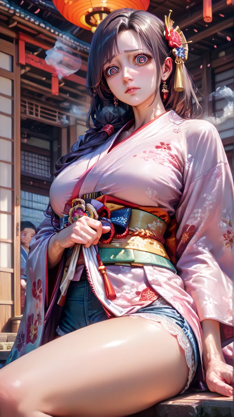 (1girl), (solo), (lobelia), (small breast), single braid, Arafe in kimono dress with flowers in her hair, in a kimono, in a kimono, goddess of Japan, wearing royal kimono, Wearing kimono, BREAK (realistic:1.4), portrait, (masterpiece), (specular lighting:1.3), (hyperrealistic:1.2), (photorealistic face:1.2), (perfect face), (perfect eyes), (best quality), (8k), (4k), sharp focus, octane render, best quality, extremely detailed, intricate, fantasy, soft lighting, (gigantic hanging breasts), (skindentation:1.3), (chubby:1.2), (voluptuous:1.2), thick eyelashes, long eyelashes,