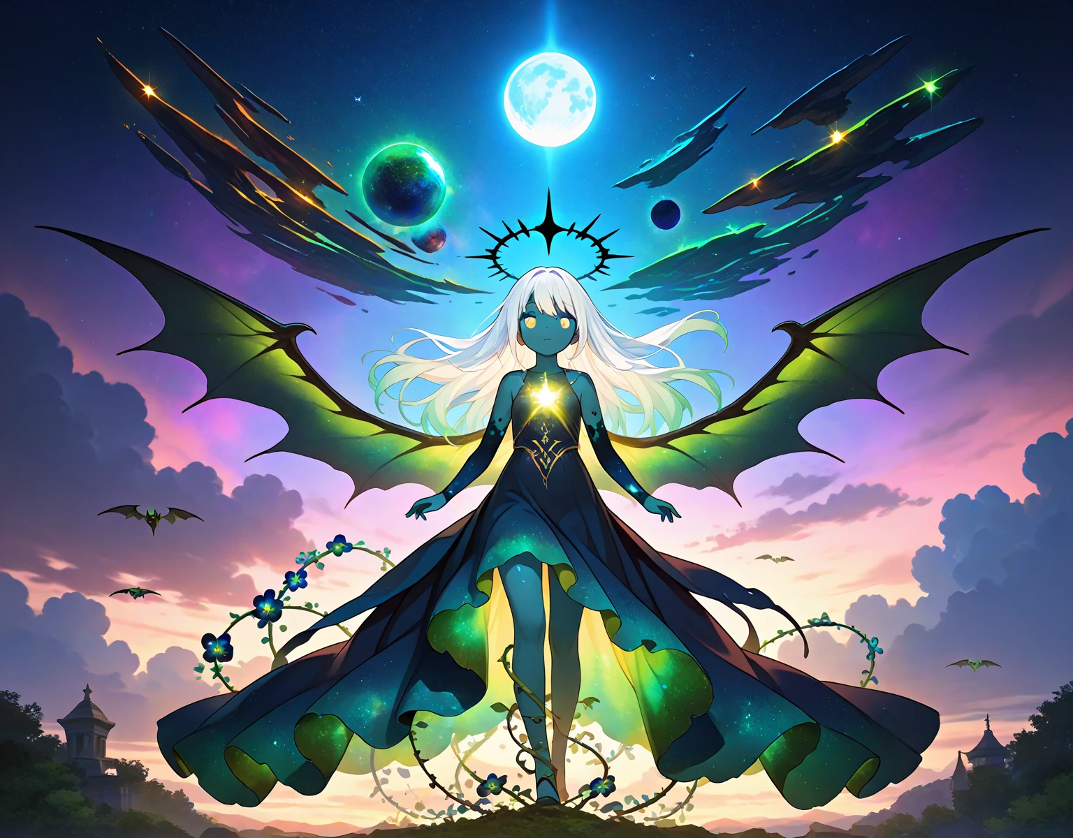 The moon with a green angel in the center with many eyes and the shape of two rings is its body in real life