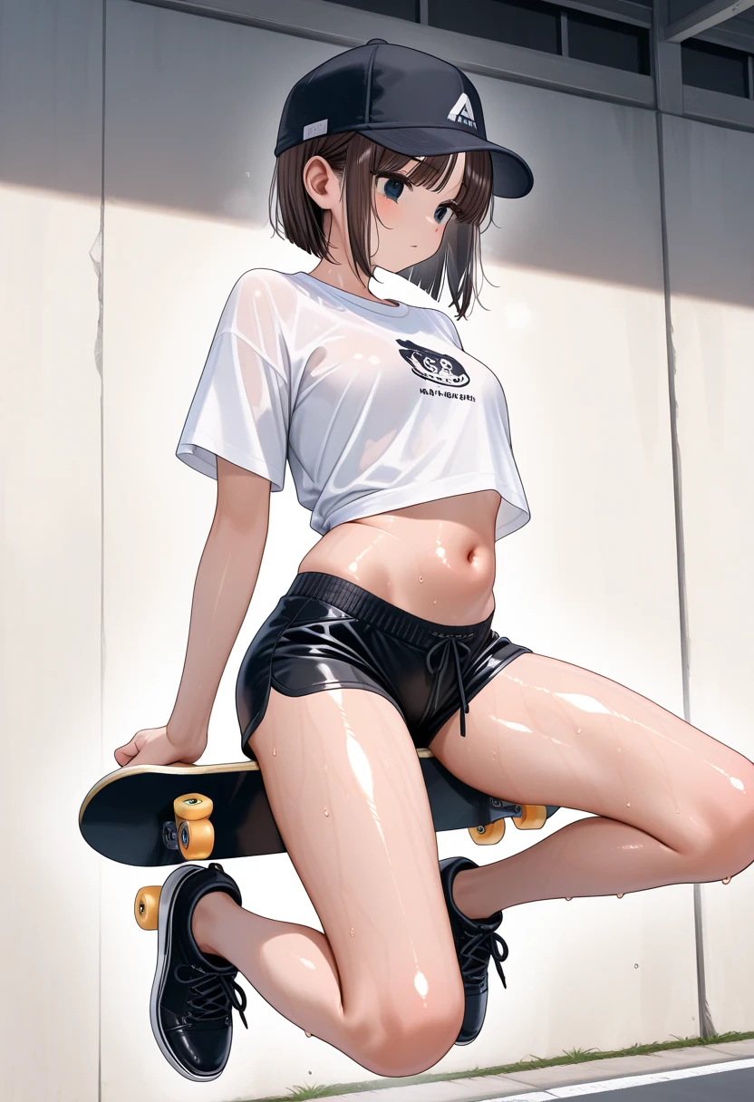 Best Quality, masutepiece,  High resolution, (Photorealistic:1.4), Raw photo, 1 beautiful girl ,Dynamic Angle,Female　Professional skateboarder ,small head, Glowing skin, Sweat,At the skateboarding venue,(Detailed beautiful face:1.4),detailed skins,Detailed eyes,detailed hairs,Cool,Beautiful,nice legs,