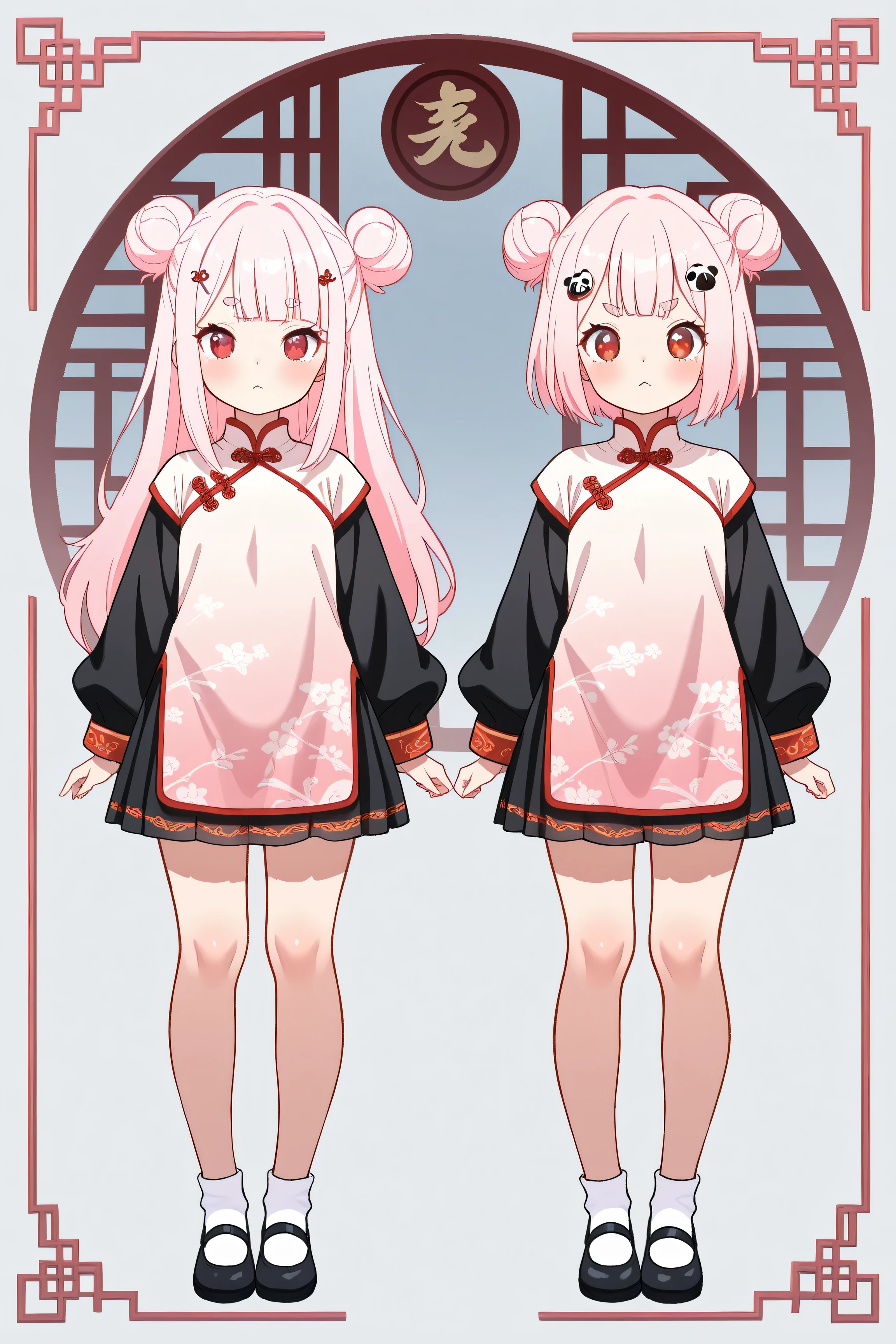 masterpiece, best quality, high resolution,4K, highly detailed, ultra detailed, ((detailed beautiful eyes)), full body, Alone, 2 girl, light pink hair, small double bun hair, half twin hair, long hair and short hair, hime cut, thin oval eyebrows, Red Eyes, ((bangs Panda face hairpin)), symmetry standing, Different colors Chinese clothes