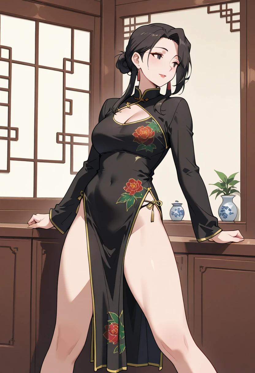 female, brown short messy hair, red eyes, brown monkey ears, brown monkey tail, (((1girl))), (((yellow Chinese dress))), (black sash), (black Chinese slippers), cute and sexy, full body, large breasts, long legs, smirking, cleavage