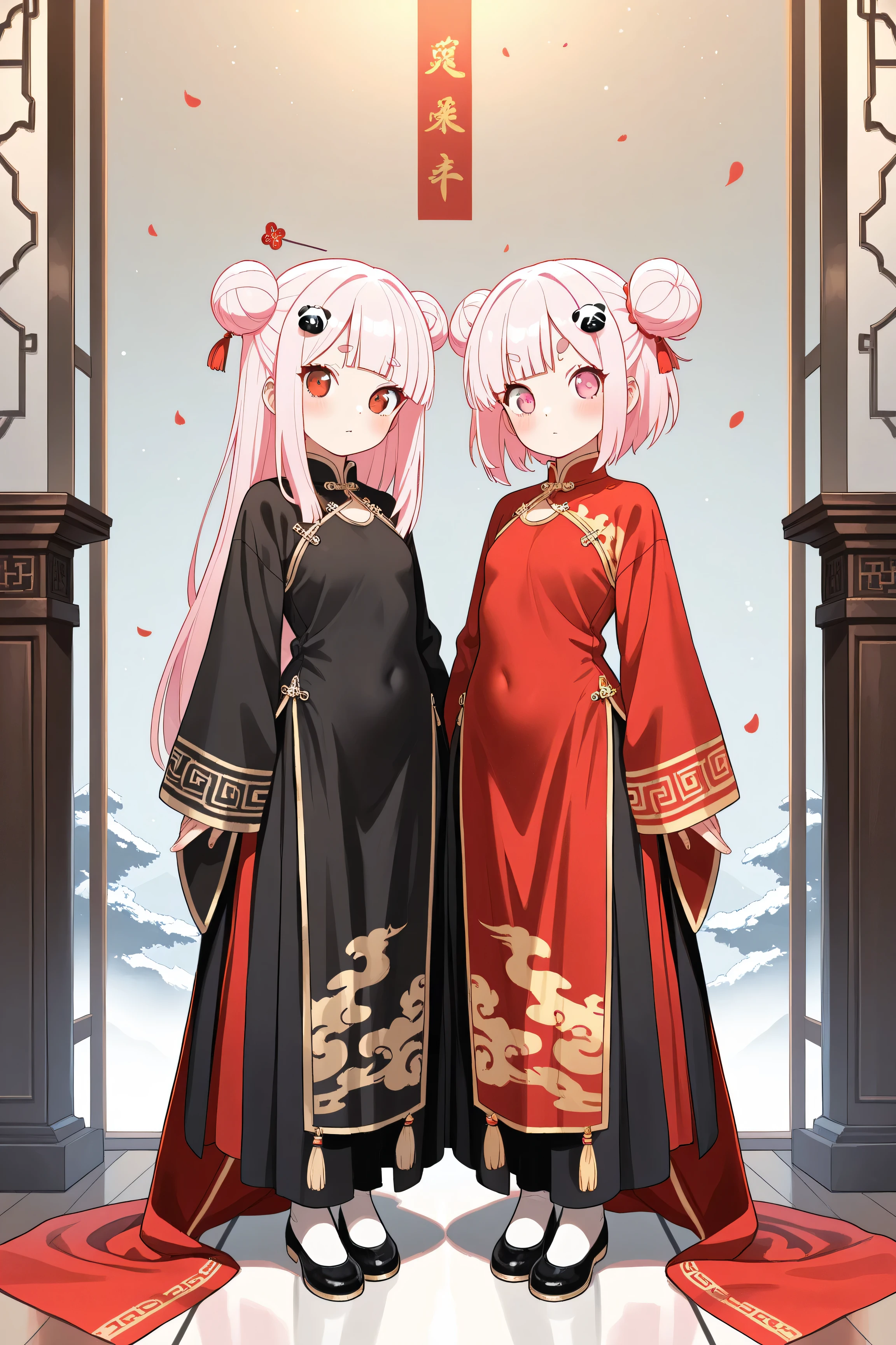 masterpiece, best quality, high resolution,4K, highly detailed, ultra detailed, ((detailed beautiful eyes)), full body, Alone, 2 girl, light pink hair, small double bun hair, half twin hair, long hair and short hair, hime cut, thin oval eyebrows, Red Eyes, ((bangs Panda face hairpin)), symmetry standing, Different colors Chinese clothes