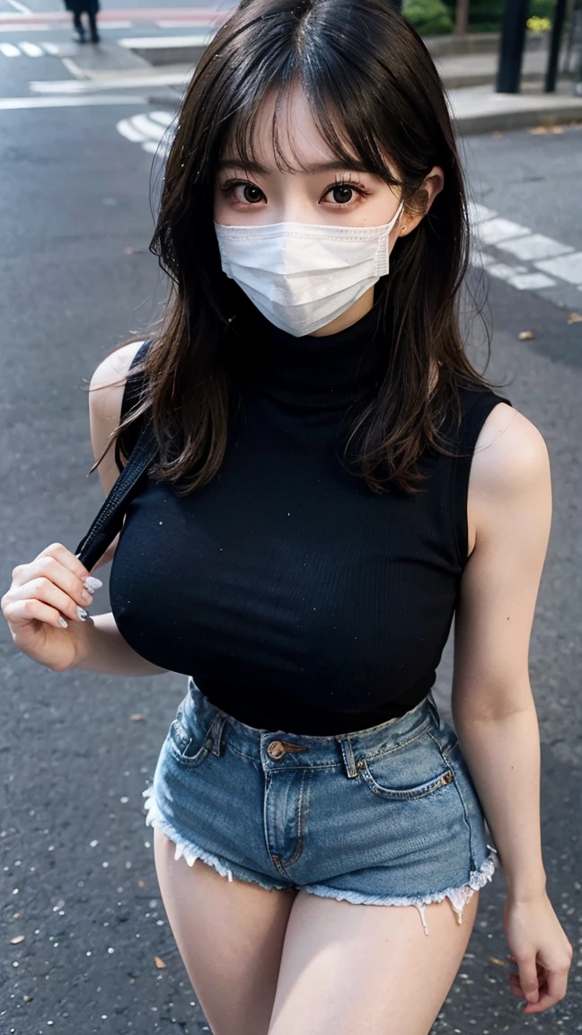 (8K, Raw-Photo, Photorealistic:1.25), masutepiece, Best Quality, Illustration, Ultra-detailed, delicate detail, Hight Resolution, 8K wallpaper, Perfect dynamic composition, Beautiful detailed eyes, Natural Lip, (Sexy grey knit dress:1.3), (((Huge breasts :1.2, and droopy breasts:1.1))), cleavage, perfect shiny skin, prefect skin, (((shiny white skin))), moist lips, Innocent Big Eyes, Detailed Eyes, walking, (from above:1.2), (Wear a white mask:1.2), at a park