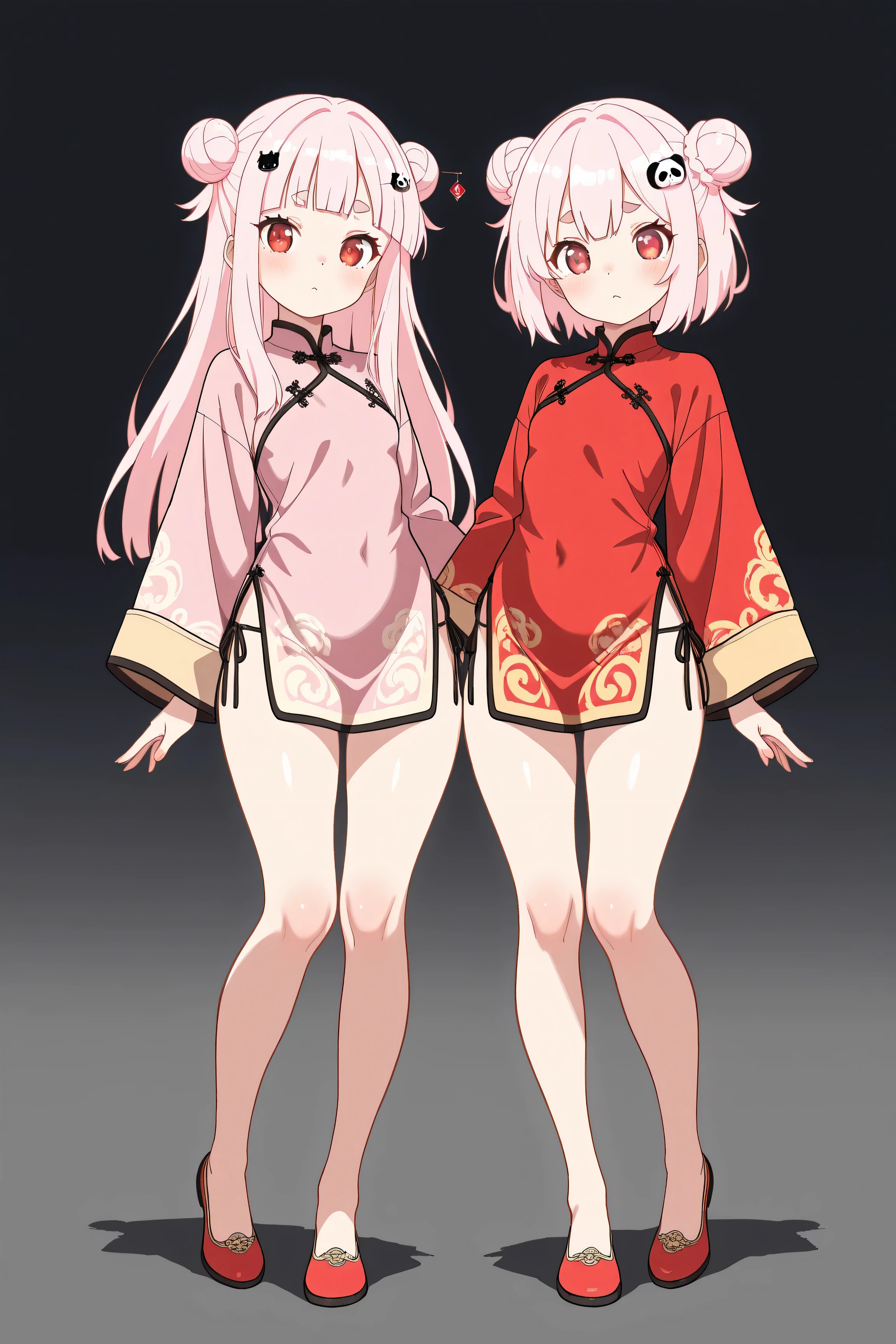 masterpiece, best quality, high resolution,4K, highly detailed, ultra detailed, ((detailed beautiful eyes)), full body, Alone, 2 girl, light pink hair, small double bun hair, half twin hair, long hair and short hair, hime cut, thin oval eyebrows, Red Eyes, ((bangs Panda face hairpin)), symmetry standing, Different colors Chinese clothes