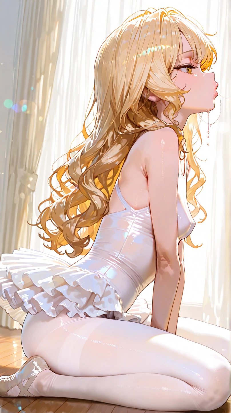 Young and beautiful Kathryn Newton, Glasses, White dress shirt, The neckline is deep, White mini dress, Black lace,Dark pantyhose, Stiletto red soled heels,Surreal, 16 years old, Model Diagram,Extra large breasts, Beautiful breasts, Big Ass, Long hair, Ponytail, Blonde hair, Long legs, 8K, futuristic city, Cherry blossoms,Sweating all over the body,Large areas of clothing are wet, sunrise, LED lighting, Anime style, (((cleveage))),((Leaning against the wall,Sideways posture))