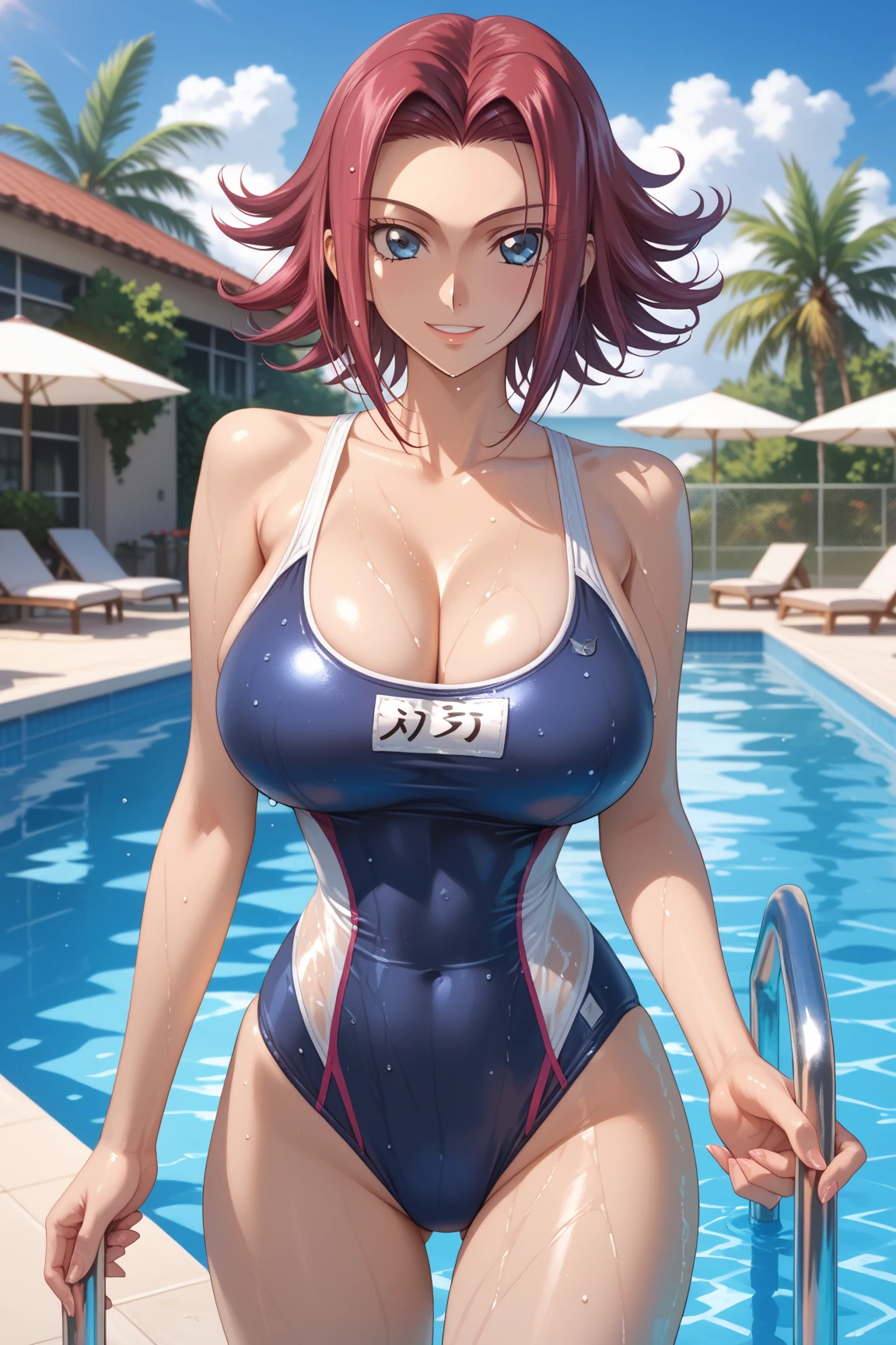 (Best Quality, 4K, 8K, hight resolution, masutepiece:1.2), Ermao、bobhair、her breasts are beautiful and big。swimming school with friends。one-piece School Swimsuit。with friends too。