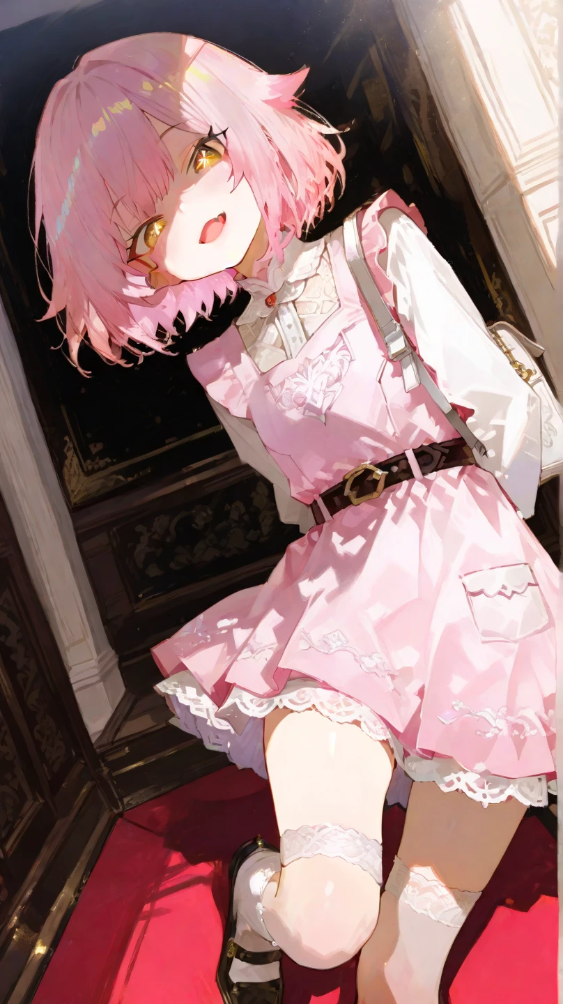 make me a female, 25 years old, pink short hair, yellow eyes, shy smile, revealing red tight shirt and short white skirt