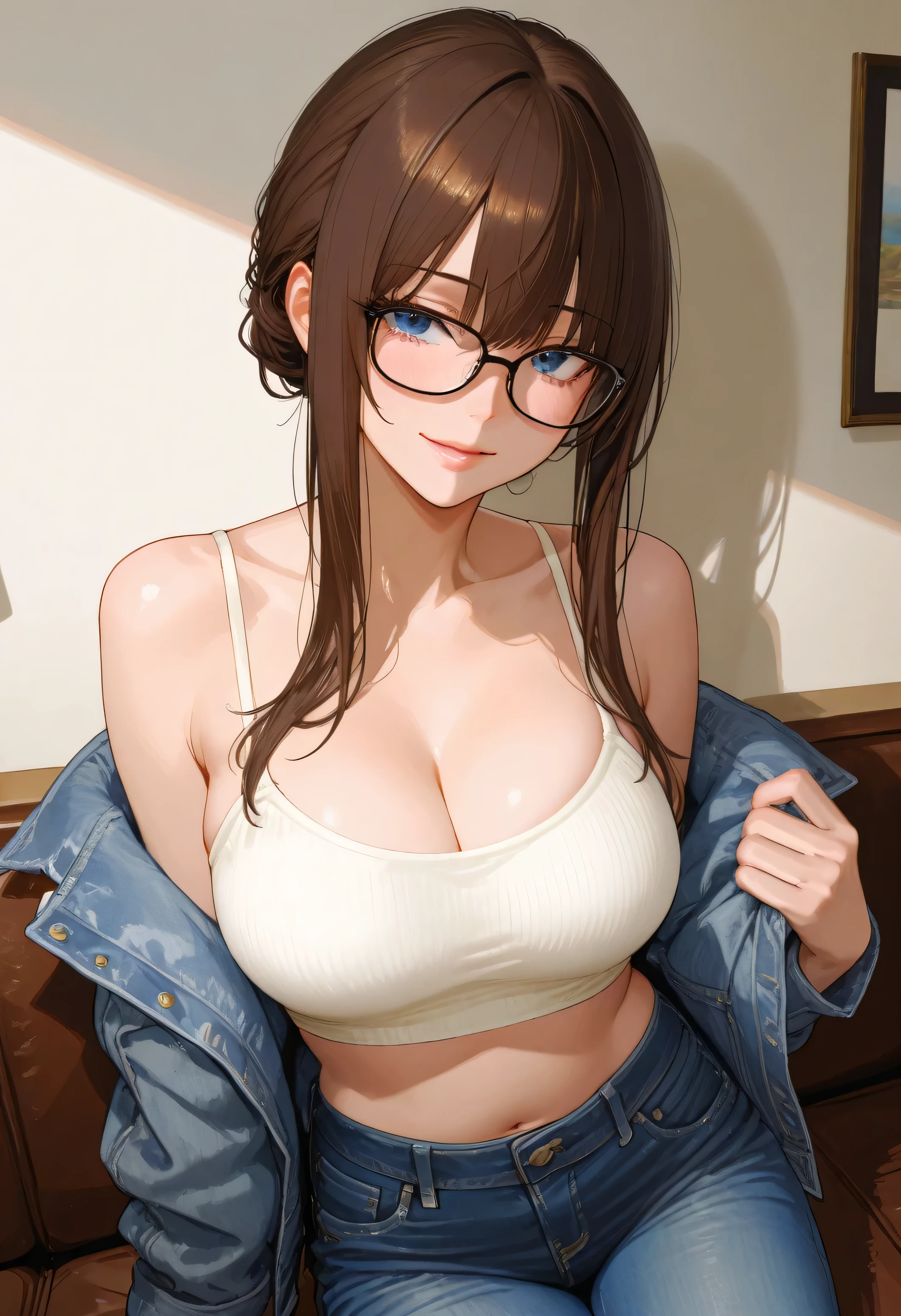 (Masterpiece), Best Quality, ultra-detailed, 1girl, female elf, short red hair, blue eyes, curvy body, glasses, black off-shoulder, strapless tube top, choker, tiny denim shorts, high heels, ((stylish cropped top details, micro denim shorts, edgy sexy, Beautiful and cool, shorts)), sitting on bench on grassy field in sunlit forest, legs crossed, front view, looking back at viewer, a seductive face, wicked smile, full pouty parted lips, one arm resting under breasts, other hand resting on top of breast, bending over