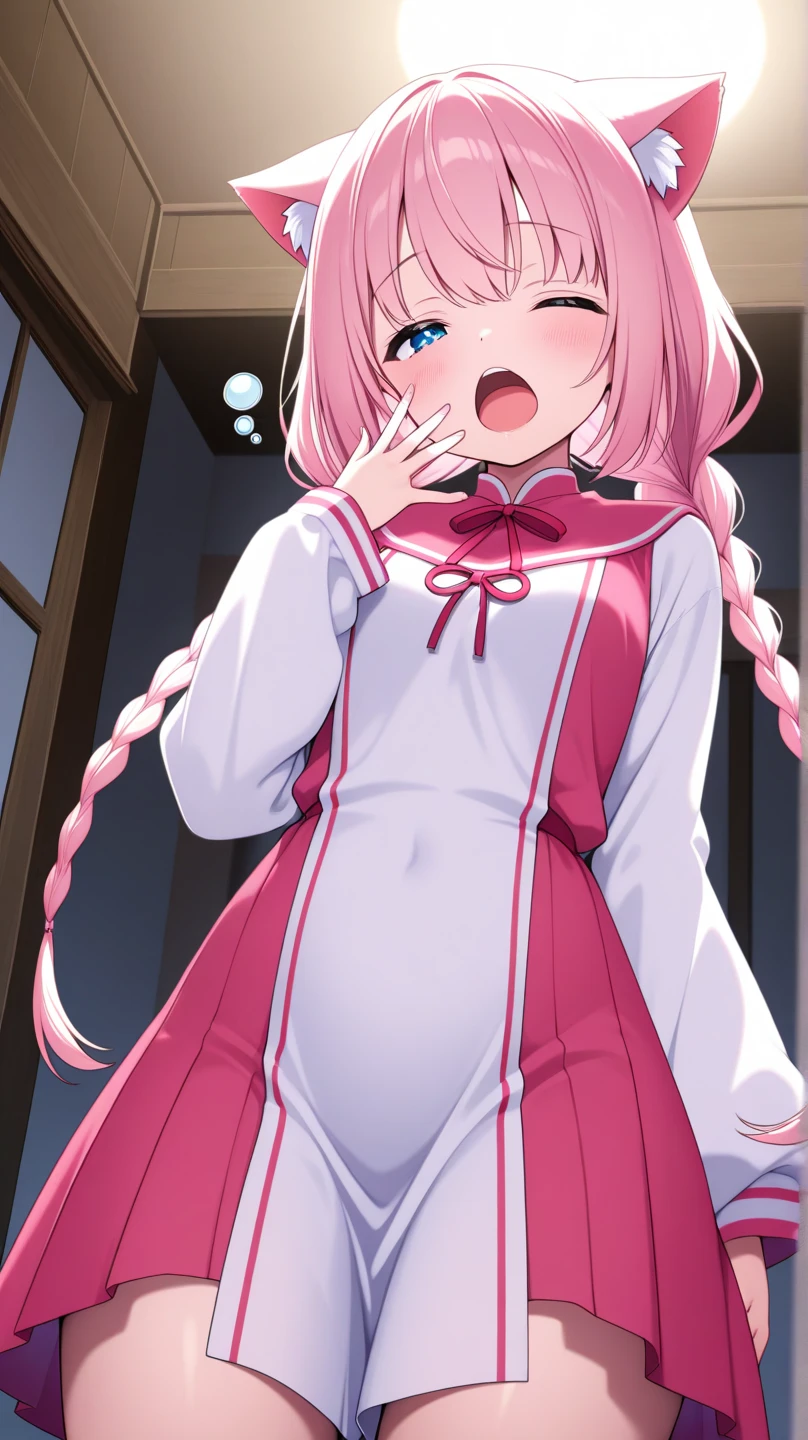 (best quality, masterpiece:1.2), illustrations, a cute girl, cute face, kawaii, early teens, very lovingly face, twintails, pink hair, small breasts, maid wear, (orgasm face, closed eyes, aroused, open mouth, blush cheeks, saliva trail:1.2), BREAK (motion blur with intense sex:1.3), penis, cum out, standing, bent down, from side, living room, (man behind girl),