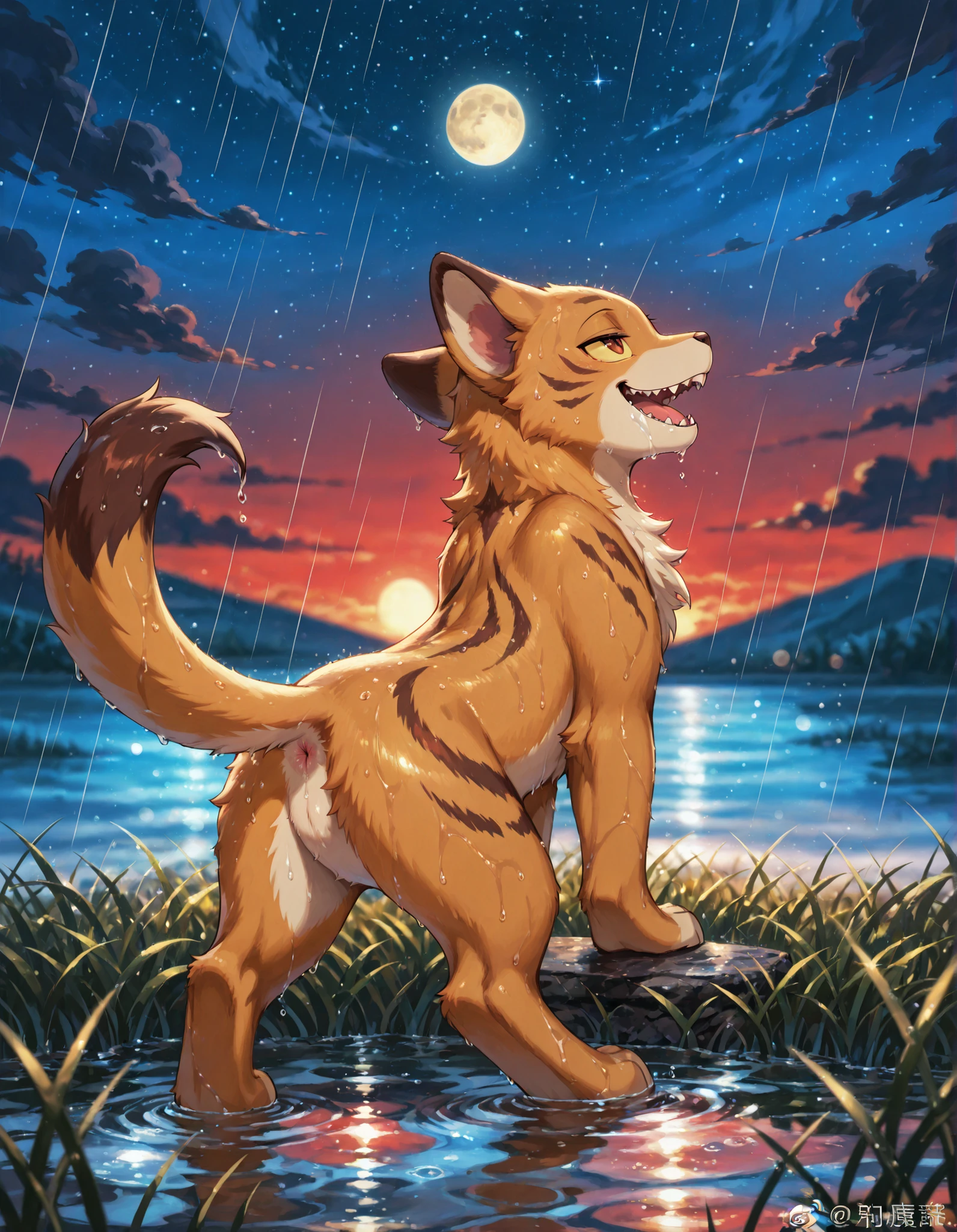 kiara, solo, smile, no humans, upper body, closed mouth, furry, yellow sclera, star (sky), open mouth, sky, starry sky, night, night sky, colored sclera, outdoors, reddish-brown eyes, looking up, fangs, closed eyes, grass, animal focus, cloud, tongue, teeth, sharp teeth, half-closed eyes, blue background, open month, blurry, sunset, standing, full body, tail, animal, clenched teeth, rain, wet, body fur, red background, red sky, day, blue sky, scene reference, moon, lying, on back, looking at viewer, from behind, anus, watermark, water, ass, nude, 1girl, furry female