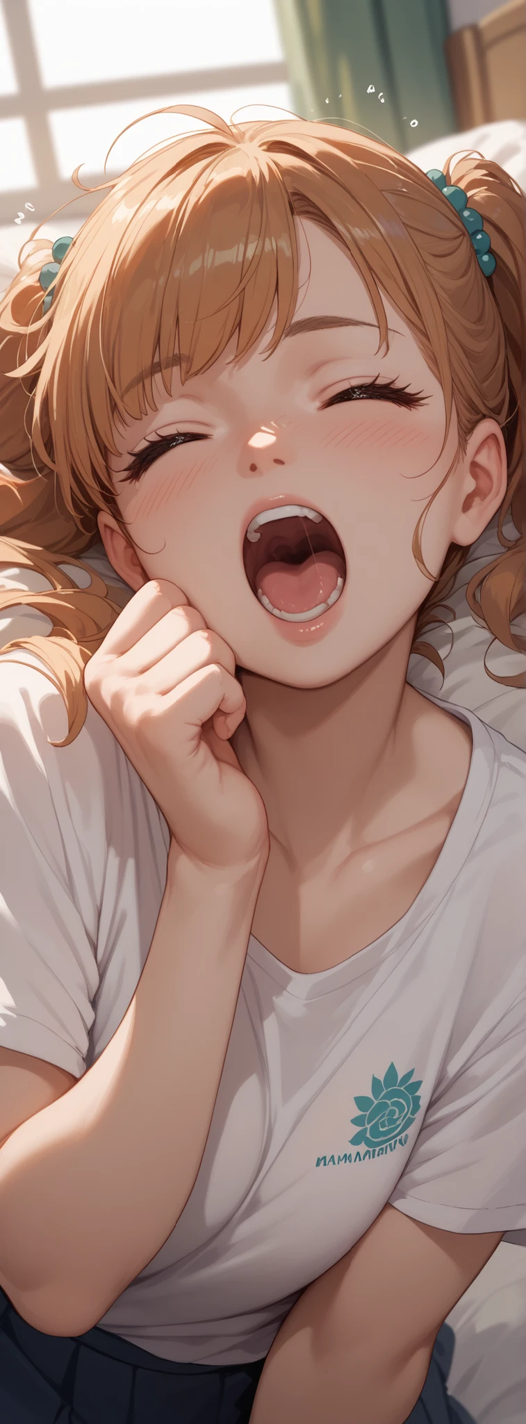 1woman, solo, long hair, ((shaggy hair)), Black-rimmed glasses, nose blush, steam, freckles, pale skin, Worried brow, mouth, tongue out, licking penis, Looking up, pov, pov hand, ((He is holding her head)), Oversized T-shirt, One of her shirts has slipped, exposing her bra straps, indoors, on bed, ahegao,