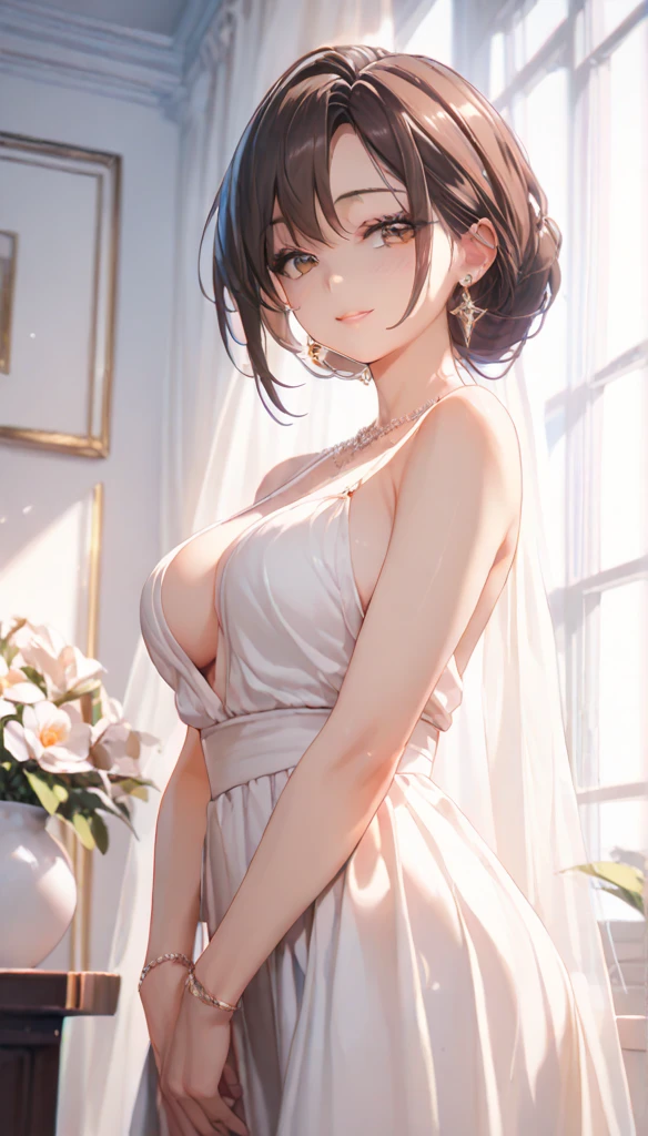 Masterpiece, Best Picture Quality, Best Shadow, Best Lighting, Delicate Portrayal, Delicate Skin Texture, Meticulous Picture Section, Delicate Eyes, Delicate Face, Mature Wife, Sexy, Huge, Naked Buttocks, Black Hair, Coiled Hair, Wedding Ring, Naked Apron, Kitchen, Tease, Seated, Erotic, Cleavage, (No Bra)