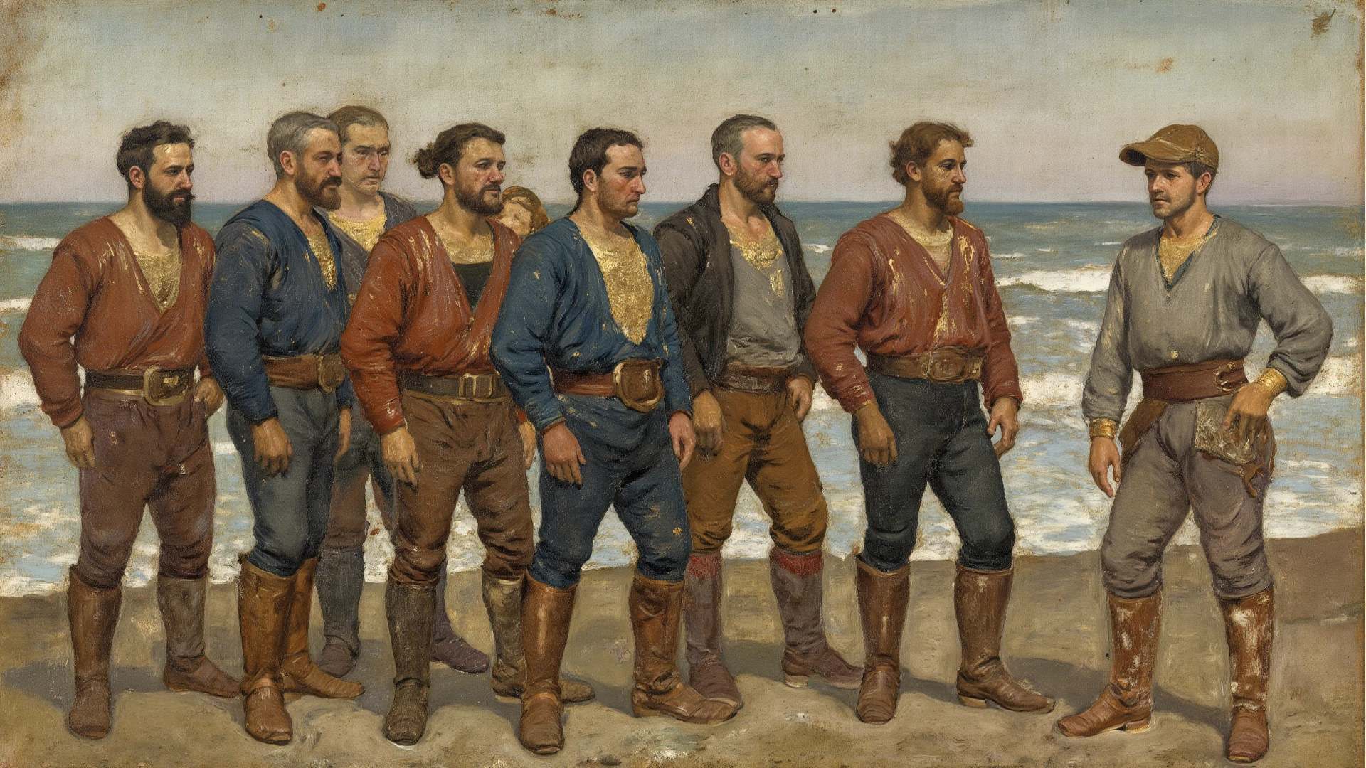 19th century  topman and afterguard, 2 poor sailors walking in the port and chatting, topman says "For the rights of all sailors", afterguard answers "amen!", ((best quality, masterpiece)), award winning, oil painting, 19th century, dark art