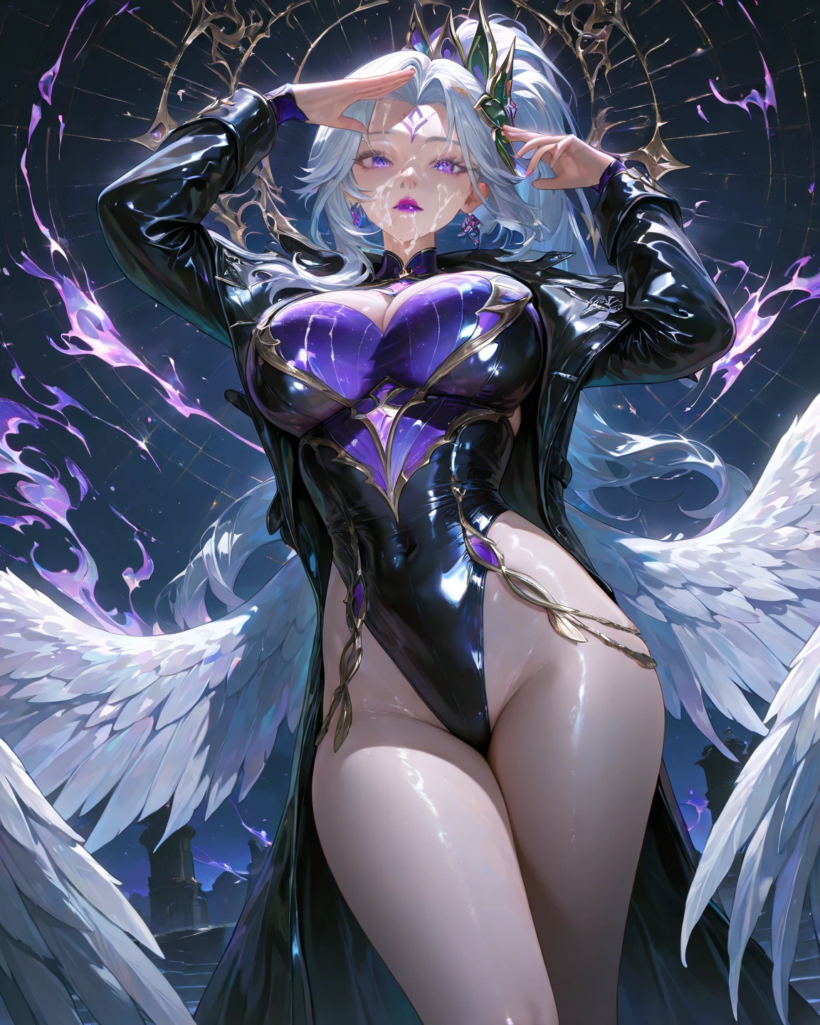 from below, high resolution, highest quality, super high quality, super detail, ultra realistic, photorealistic, anime, manga, illustration, Northern Renaissance style, fantasy, super beautiful cute girl, silver short tired hair, sparkling big pink eyes, mysterious, enchanting, tattoos, huge breasts, under boob, great proportion, perfect proportion, slender, full body, big wings, background galaxy, magic circle, kaleidoscope, rainbow and gold neon light many lines, cyber punk, church, cityscape
