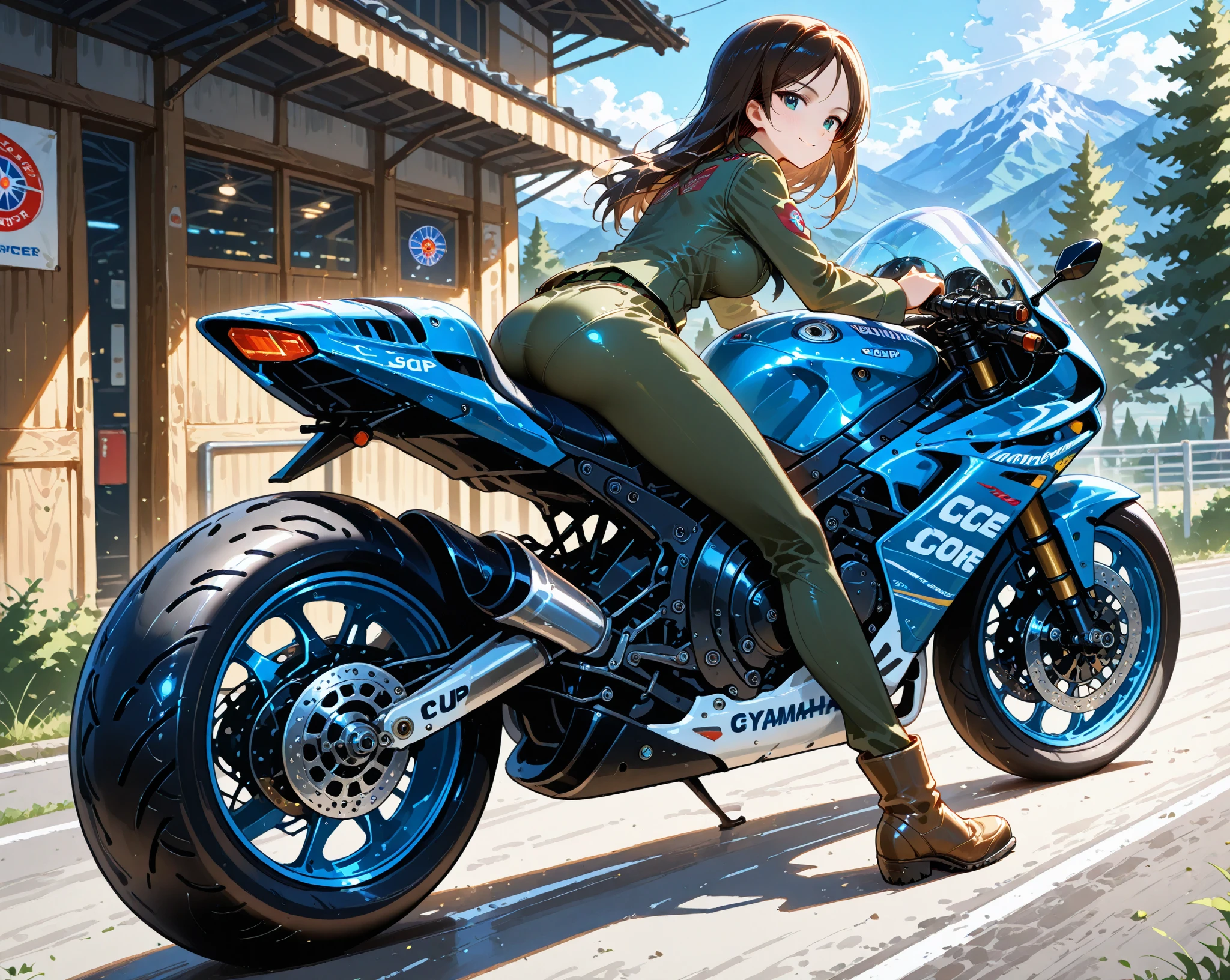 1girl, solo,High Quality,4K,8k, 8K high definition ,HDR,ultra high resolution,Super Fine Art , score_9, score_8_up, score_7_up, Nonna ,(Girls＆panzer),Pravda school uniform,Cowboy Shots,
 girl ride on sports motorcycle,  cool bike, girl on a motorbike, smile, Yamaha YZF R1M Girl,Girl Riding a Sports Bike、 cool bike、girl sitting on motorcycle、MotoGP, MotoGP Racer Cornering
