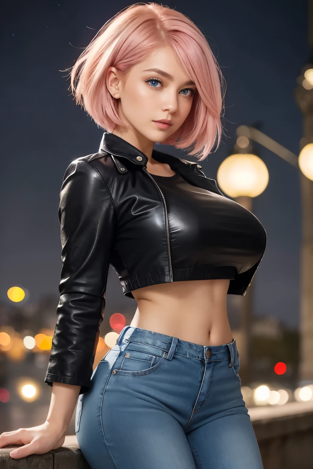 a rebellious look with a woman in punk-inspired clothing, leather jackets, leather pants, and bold makeup, depth of field, seductive smile, from above, finger to own chin,
masterpiece, best quality, intricate detail, 3d, 3d background,