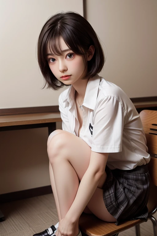 Ulzzang-6500-v1.1, (RAW Photos:1.2), (Photo - Real,:1.4), Beautiful detailed girl, Very detailedな目と顔, Beautiful fine details, Ridiculous, Incredibly ridiculous, Large file size, Very detailed, High resolution, Very detailed, highest quality, Masterpiece、, kemomimi, ((Japanese high school girls uniform)), An illustration, Very detailed, headquarters, Unite, 8K Wallpaper, wonderful, Fine details, Masterpiece、, highest quality, Very detailedなheadquartersユニフォーム8K Wallpaper, Light on the face、Cinema Lighting、16-year-old girl、((No panties))、((Dynamic pose)))、(Camel Toe)、(half)、(pantyhose、、、、)、(Sit with your knees bent))、Short Hair、Short Hair、Long neck、Listen carefully、bangs、Enlarge your eyes、Eyelashes、cute、very cute