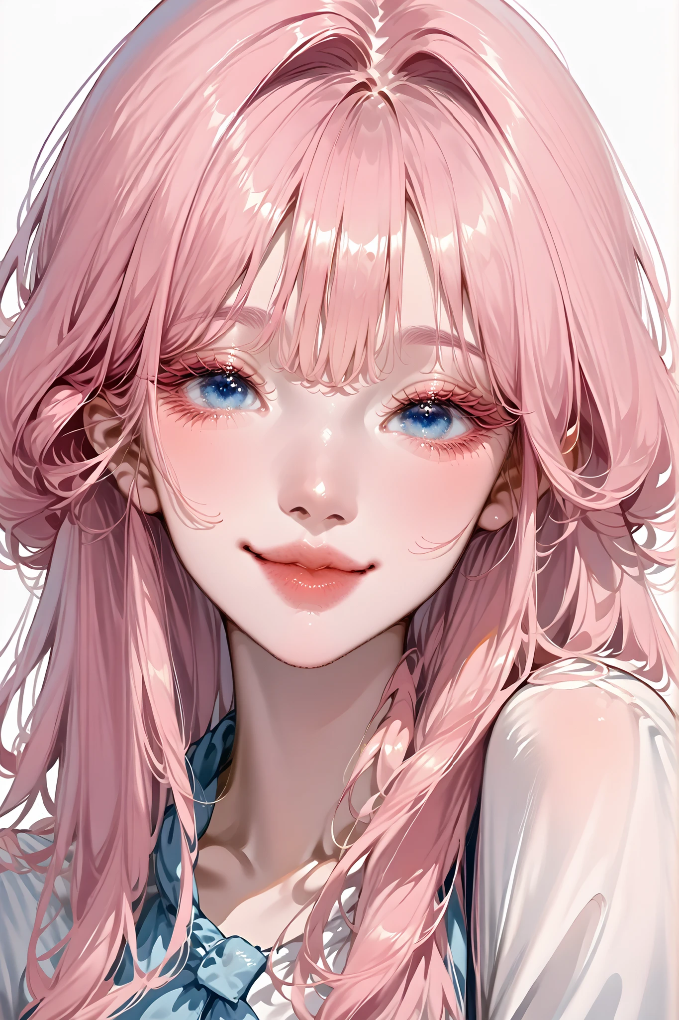 A beautiful girl, very cute, cheerful, and shy, she has long light pink hair with bangs, light blue eyes, long eyelashes, full lips, fair skin, a cute smile