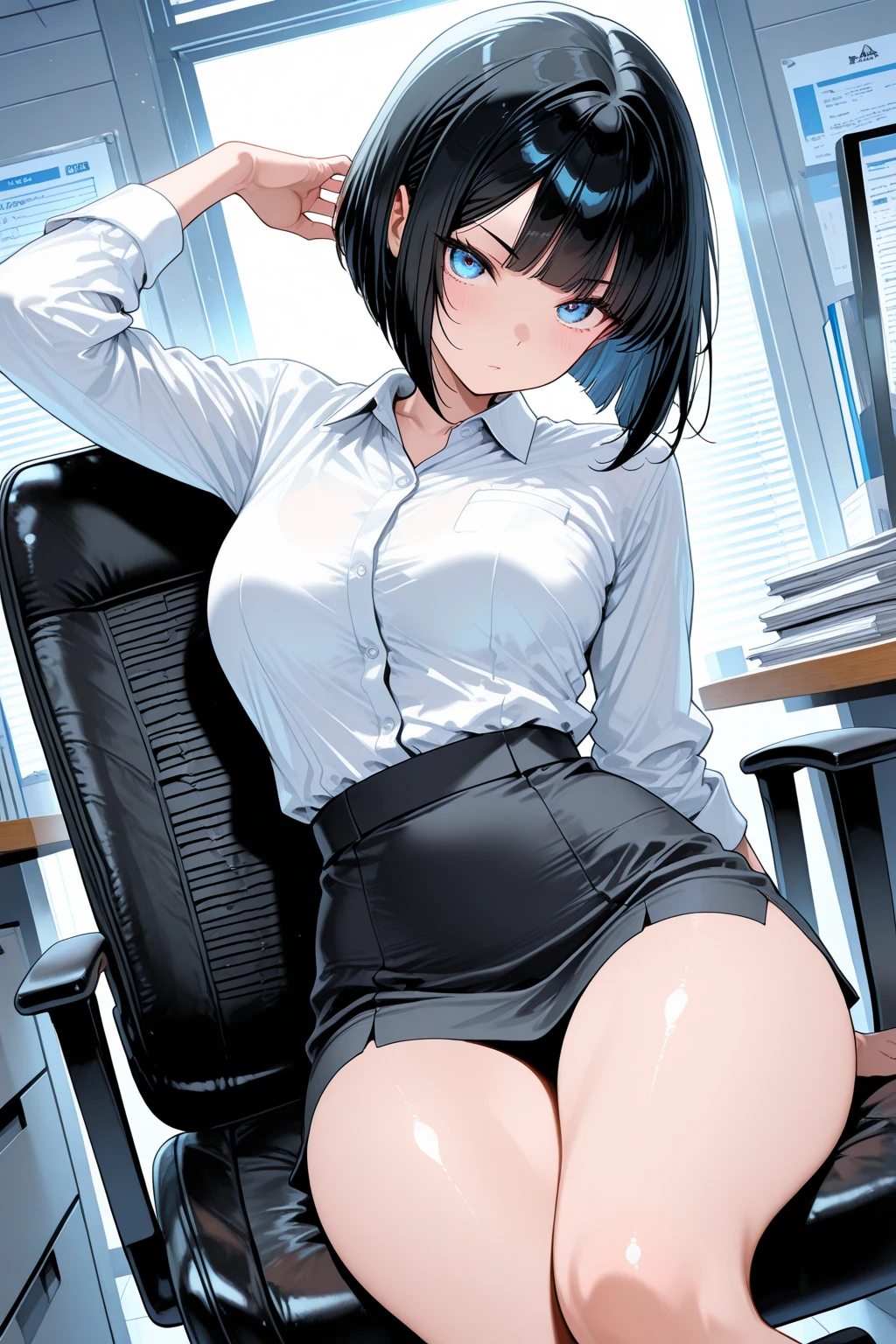 juri han, work of art, tight white secretary shirt with black tie, black high waist skirt, short skirt,stocking, black hair, black tights,evil smile,office,franja nos olhos,lighting,chifre de cabelos,view from above,olhando para baixo
