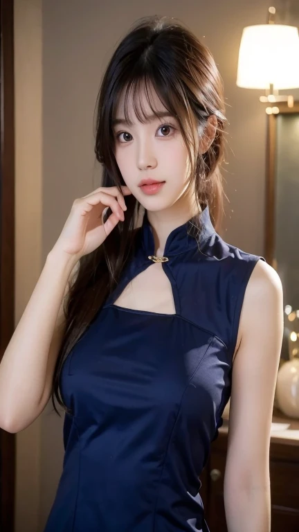 Top quality, masterpiece, highly detailed CG 16K unity wallpaper, (raw photo, professional photo, best aesthetic:1.3), ultra high res, (sharp focus, depth of field:1.1), cinematic lighting, (photorealistic, correct anatomy:1.5), pov, 1 girl, Japanese , 14 ylo, ((cowboy shot:1.2)), ((from front:1.4)), black hair, ((realistic skin texture:1.5)), fairly detailed skin, detailed eyes, dark eyes, bright eyes, beautiful nose, detailed lips, (light smile:1.4), ((dark blue China dress, sleeveless:1.5)), slender, beautiful breast, ((outdoor, noon, park, city:1.3))