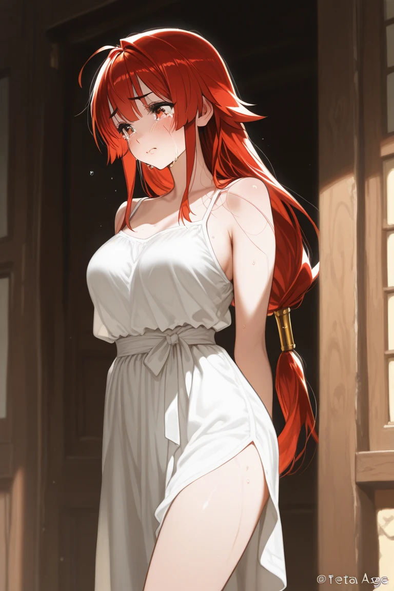 (masterpiece, best quality) an adult woman with very long red hair, ((shower)), wet skin, underwear, white, light blue, ponytail, no pants, (night), long stockings, ((sexy linge)), queen, alone, yellow eyes, serious, emotionless, dusk, seductive, bathing, straight bangs, very long red hair, evil, (yellow eyes), flirtatious, gothic, window, back, moonlight, medium chest, head-to-waist portrait, cinematics, (solo), color oil painting, cinematic lighting, extremely detailed face, finely detailed face, beautiful face, beautiful eyes, perfect lighting, depth of field, (realistic proportions), (good anatomy)