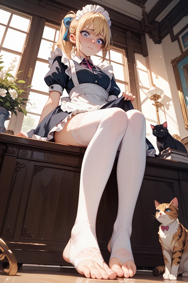 (best quality),(highly detailed),(masterpiece),(ultra-detailed),(absurdres),(((artbook))),((8k_wallpaper)),big ass,Bare thigh,huge_breasts,barefoot, 1girl, solo, animal ears, cat, barefoot,cat ears, short sleeves, grass, short hair, smile, white hair, puffy sleeves, white dress, maid, sunlight, brown eyes, dappled sunlight,petite, outdoors, puffy short sleeves, bangs, full body, tearfully, crying, cats, white big butt, white underwear
