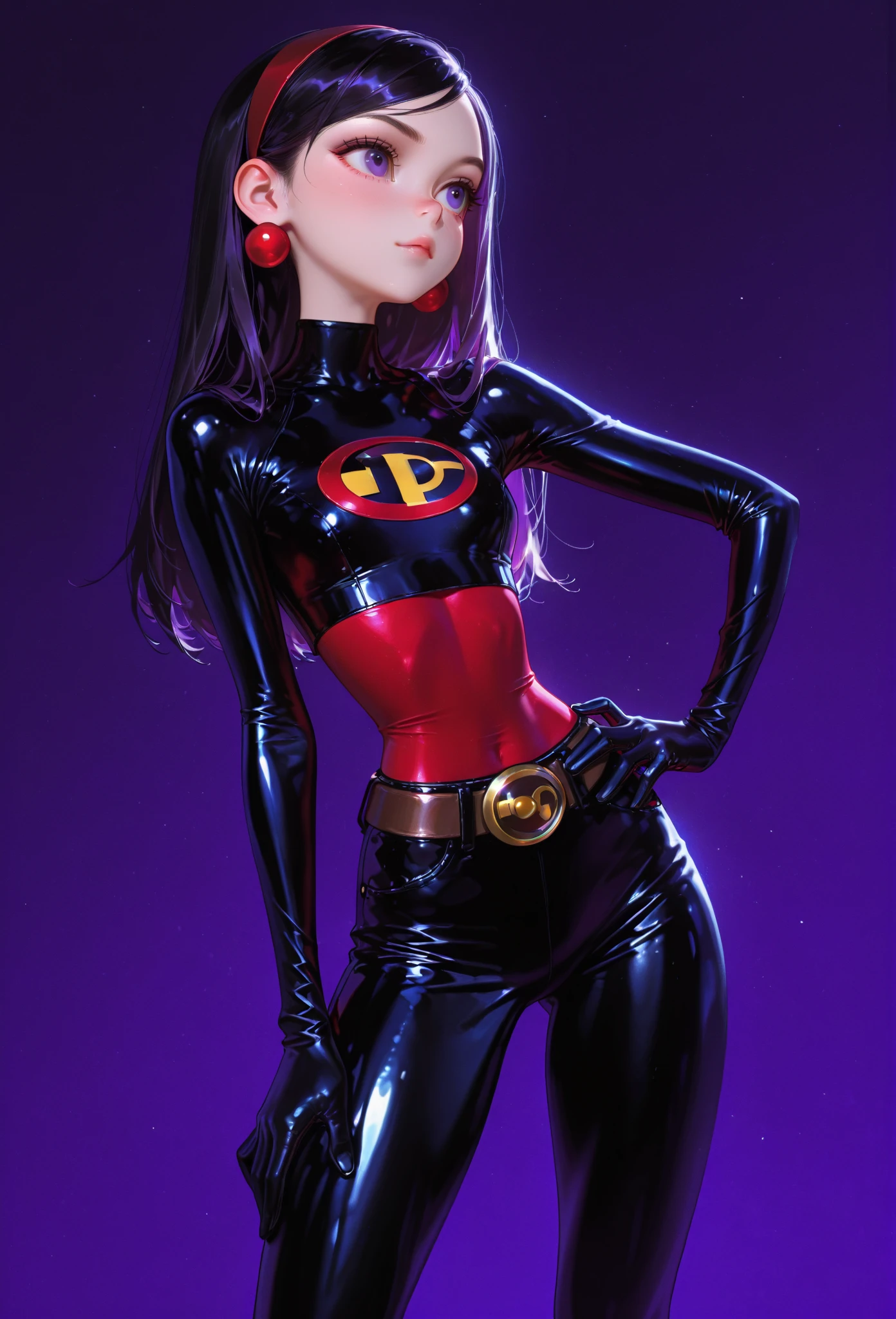 (((Sexy magazine cover))), 1980s style, magazine , Violet Parr, view from rear, ass:1.3, (eye mask) close up, vagina:1.3,, long black hair,(purple eyes) , slim, ass, view from front, view from below, red costume with incredibles logo, black thigh high boots, bare breasts:1.4, glamour makeup, retro futuristic, 1980 style, sci-fi, visible breasts, visible nipples:1.4, she is almost naked, ultra detailed, perfect face, perfect skin texture, depth of colour to her eyes, dynamic lighting, 8k, visible vagina:1.5, eye mask
