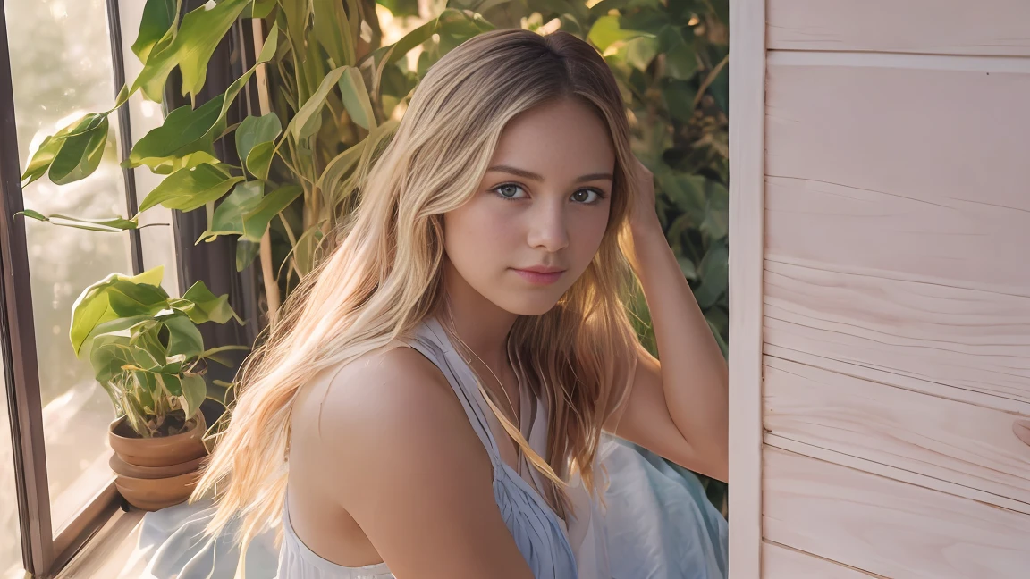 Create an ultra-realistic image of a young woman, closely resembling Zoé from the provided photographs, standing on a wooden pontoon by a serene lake. Her hair should be golden blonde, styled in soft, natural waves that gently move with the lakeside breeze. Focus on replicating the exact shade and texture of her hair as seen in the photos. Her eyes, a striking shade of blue, should convey a sense of peace and connection with the natural surroundings, reflecting the calmness of the water. Her skin is fair and smooth, with a realistic texture that captures the soft, natural light of the outdoor setting. Her lips are a soft pink, complementing her serene expression. She is dressed in a casual yet stylish lakeside outfit, like a light summer dress or comfortable top and shorts, suitable for a relaxed day by the water. The pontoon is set in a tranquil lake environment, surrounded by calm waters, distant trees, and a clear sky. The lighting should be warm and golden, highlighting her features and the scenic beauty of the lake. Emphasize the lifelike details of her face, especially the clarity of her eyes and the natural look of her lips, capturing a moment of tranquility and natural beauty. The image should be of exceptional quality, reminiscent of a high-end travel or lifestyle magazine photograph