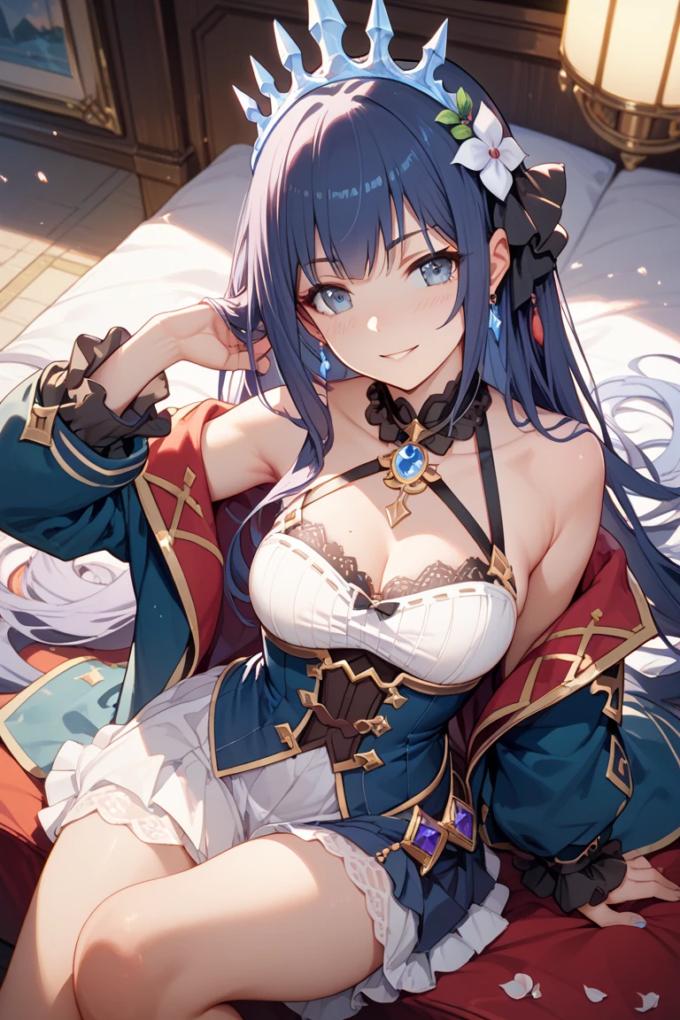 2D, HD, Detailed details, Detailed landscapes, beautiful lights, Beautiful Shadows, top-quality, Highly detailed, masterpiece, best quality, solo, 1girl, JingliuV5, red eyes, long hair, looking at the viewer, anime-styled, (large breasts), close mouth, hews, hews styled, on bed, shiny skin, armpit, full body, siting, wet, expressionless