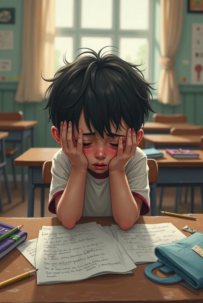 Girl sitting while crying on their classroom (cartoon)