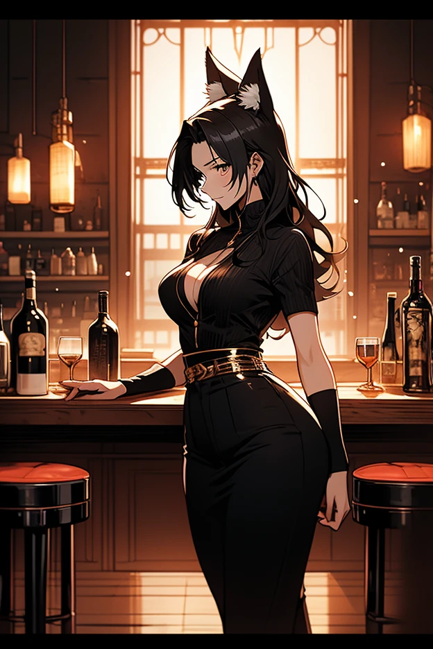 a glamorous woman in a medieval fantasy bar, drinking alcohol, elegant black dress, classic art style, detailed face and body, dramatic lighting, cinematic atmosphere, high quality, hyper detailed, photorealistic