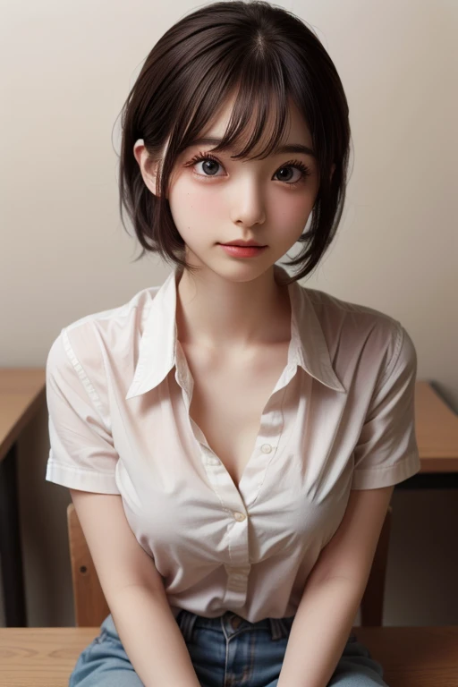 (Raw foto:1.4), (Photottorial:1.4),{Gigantic|Big|Huge|Mega} breasts, cleavage、 a beautiful detailed girl, extremely detailed eye and face, Symmetrical beautiful face、beatiful detailed eyes, Ridiculous, unbelievable Ridiculous, ultra-detailliert, hight resolution, ighly detailed, best qualtiy, masuter piece, ((Japan Girls' High School Uniform)), illustratio, ighly detailed, nffsw, unification, 8k wallpaper, magnifica, fine detailed, masuter piece,best qualtiy, Highly detailed uniform, Light on the Face、电影灯光、a 18 year old girl、((dynamicposes))、(camel's toe)、(pantyhose)、(Sit on your legs with your knees bent)、((Shiny brunette short bob hair、bangss))、long neck、long neck、Put your ears out、big eye、pronounced double eyelids、Lashes、kawaii、Beautiful teeth、Happy、a very cute、large full breasts、Happy smiling face