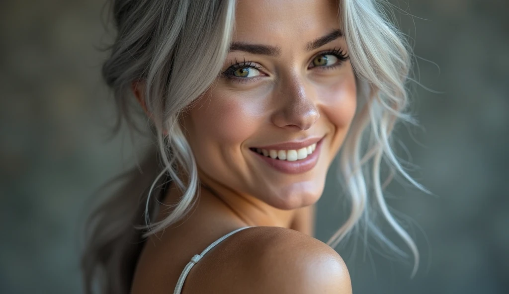 beautiful lady, big smile, ruby eyes, grey long straight hair, dark makeup, hyperdetailed photography, soft light, upper body, shoulders, detailed iris, very detailed iris, detailed eyes, naked, big boobs