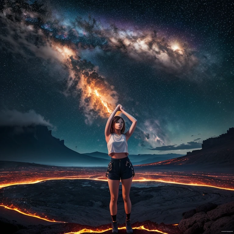 Depict an epic chapter of a wonderful book. (YES NSFW), In the center of the scene two primitive ancestors women, Demonstrate powerful cosmic energy. (perfect faces), Next to them a vibrant explosion. Bright colors represent the original state of the universe, like a newborn. five gods exist in the image. ((perfect faces)). Everyone has a unique look and expression，Reflecting their connection to the universe. Surrounding the universe are eight huge floating rocks, Planet symbolizing the cosmic garden. Each planet has unique characteristics, Such as lush scenery, glittering ocean, and mysterious atmosphere. Although the gods strive to bring joy and life to the universe, Their sadness is palpable. sun, Now a huge incandescent rock, Emits intense heat and bright light, unique light. Scattered throughout the site, stars shining bright, like little gaseous rocks that light up the universe. at last, Primitive people and theirs took on a majestic bipedal form, Show their greatness and divine power. Use your creativity and skills to create an image，Capturing all the cosmic grandeur of this enchanting chapter, Highlight the perfection and depth of every detail. matic