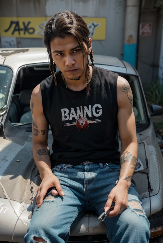 illustration of Eric Daniel Davis, a 17-year-old male with a commanding presence. He is of Asian mexican american descent with a height of 193 cm and a weight of 95 kg. He has black, two block long trim wavy hair with a scar on his eyebrow from a street fight, dark brown eyes, and tan skin. Eric's style reflects 'American street hood style,' featuring oversized t-shirts, paired with baggy pants or shorts. He also wears earrings as part of his style. The background shows a vibrant, urban setting typical of Compton, Los Angeles. The scene includes Eric leaning against his 1966 Impala, looking confident and rebellious. He should have an aura of coolness and defiance, embodying his role as a prominent figure in his community and a member of the South Side Compton Crips. The overall tone should be edgy and dynamic, capturing his bold personality and street-smart attitude