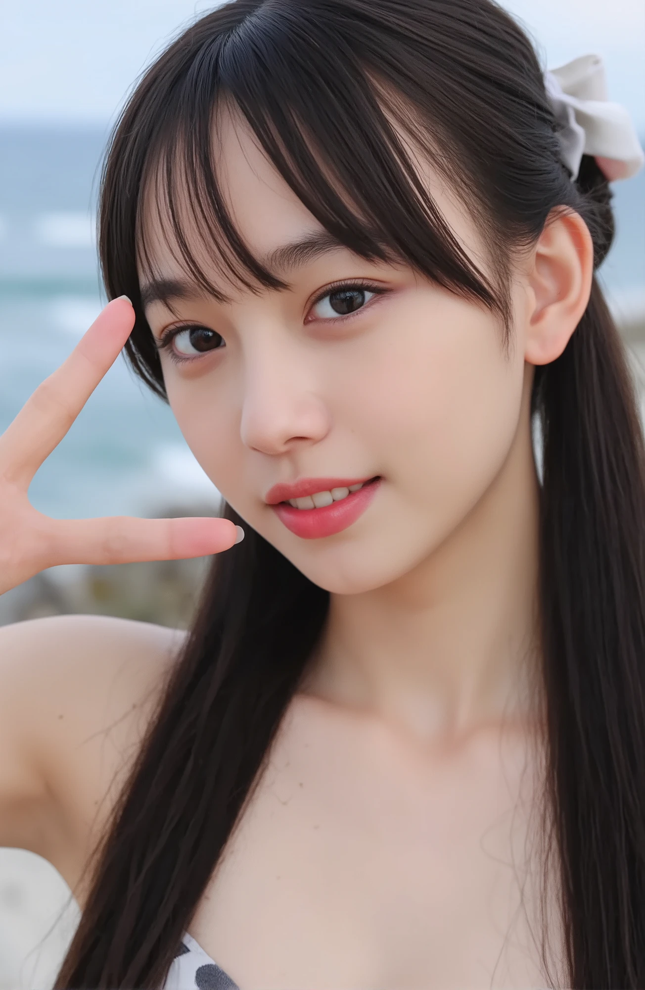 masutepiece, Best Quality, Illustration, Ultra-detailed, finely detail, hight resolution, 8K Wallpaper, Composition that includes the perfect whole body, Beautiful detailed eyes, ((Face down on the beach:1.2)),((Random Cute Micro Bikini:1.5))、 Random and cute hairstyles, Protruding heavily from the swimsuit, Natural Color Lip,Beach, Random and cute poses,((A big smile that makes you squint)),((breastsout、under look eyes、Mole on the arm:0.9))、((short-cut))、((Lying along the coast))、((Camera work from behind))、((Lift your chest with your palms:1)),((Traces of blood vessels in the chest)),(((a wet body)))、((Turn around))、large full breasts