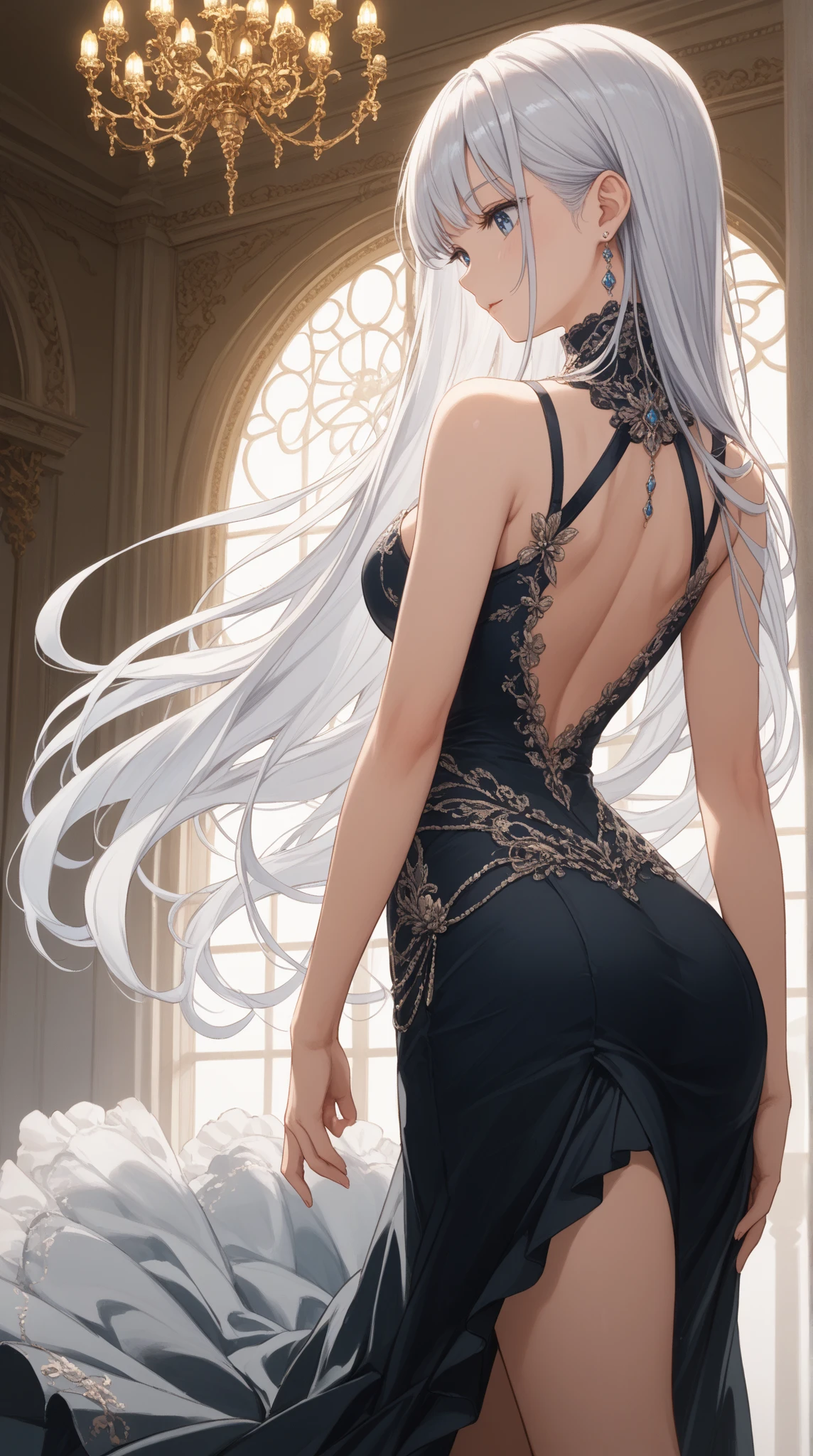 4D、Elven Woman,blacks,28 year old,(8K picture quality、high-detail、masterpiece、ultra-definition)、Ray traching、Castle bedroom,Bedrooms,a blond、white hair、length hair、((Black skin))、high-detail skin、(scarface),Slit skirt,Long dress with exposed back、Wide open chest、Standing on the windowsill、Moonlight