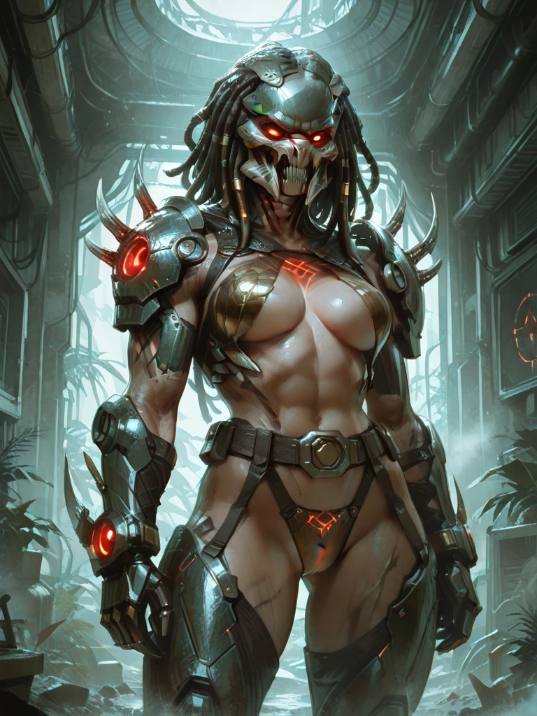 1 female alien, The predator, warrior, (extremely beautiful:1.2), (intense gaze:1.6), (predator:1.6), long dark claws, NSFW, nipples, thick eyebrows, glowing and shining blue eyes, the most beautiful face in the universe, ((There is a female genital-like organ in the middle of her forehead:1.1)),
A woman with an extremely beautiful face, her intense gaze fixed on her prey, a primal force that could not be denied.
(extreamly beautiful lean body:1.5), (ultra muscular build:1.2), (prowling:1.3), (sleek movements:1.4),
Her beautiful body, muscular and toned, moved with sleek grace as she prowled, ready to strike at a moment's notice. The predator within her was always on