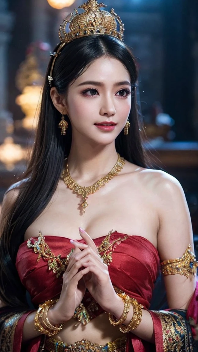 girl xinh: Asia, siêu dễ thương;
age: from 18-20 years old;
hair: copper orange color, silky, shiny under the sunlight, detail;
da: milky white, rosy and flawless;
eye: jet black, almond shaped, sexy, youthful, trong veo;
mi eye: delicate, perfect;
eyebrow: cong, dear;
Face: beautiful, pure, like a fairy, symmetrical, perfect, đẹp đến từng detail;
nose: xinh, cao;
cheekbone: prominent;
lip: charming, son lip màu đỏ nhạt, lovely lip gloss;
răng: Lily-white, smiling;
ngựcc: full, Deep chest slit, toning, tight bra, pointed nipples;
y phục: bright red, gold embroidery, metallic luster, silver mesh;
Hình dáng cơ thể: full, graceful, youthful;
accessory: dây chuyền ruby, bông tai ruby;
dress: silk fabric, White, piercing;
underwear: tight, piercing, floral embroidery;
Fashion style: high-class, Modern 2024, luxurious;
Image quality: non-NSFW, 8K CG HD, High resolution, Super nice graphics, professional, detail, colorful, ultrafine, advanced techniques, RAW true;
light: luxurious, complex color combinations, black gold rays;
light mặt trời: twinkle, illuminating the girl's body;
Hình nền: street, light twinkle.