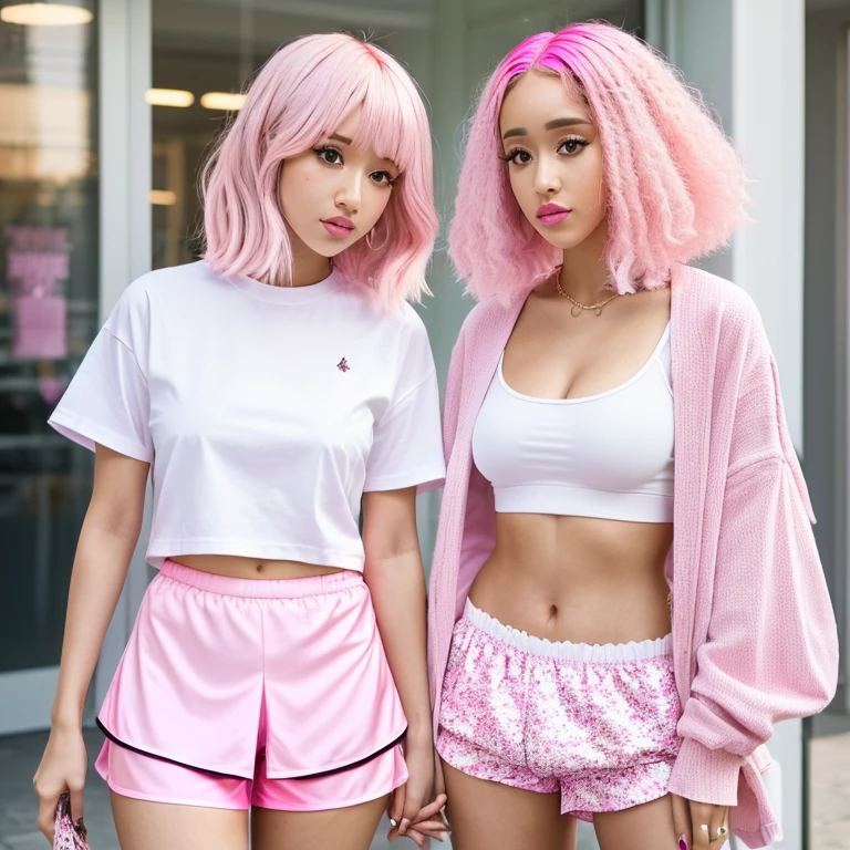 Masterpiece, ((3 girls, pink hair:1.8)), high resolution, gal, luxurious bedroom background, (tall curvy model body shape), (3 high school girls:1.0), standing in a sexy seductive pose, Full body photo shoot, (wide thighs, Very long legs), high heels, (masterpiece:1.3), (8K, realistic, Raw photo, highest quality: 1.4), beautiful face, (realistic face), (blonde), realistic eyes, beautiful skin, ultra high resolution, Super realistic, very detailed, golden ratio, cute, crop tank top and mini thong, full body tattoos, thin arms, (accentuated super huge enormously big breasts), (white thigh high socks), (perfect detailed fingers), curvy athletic body, sharp shot