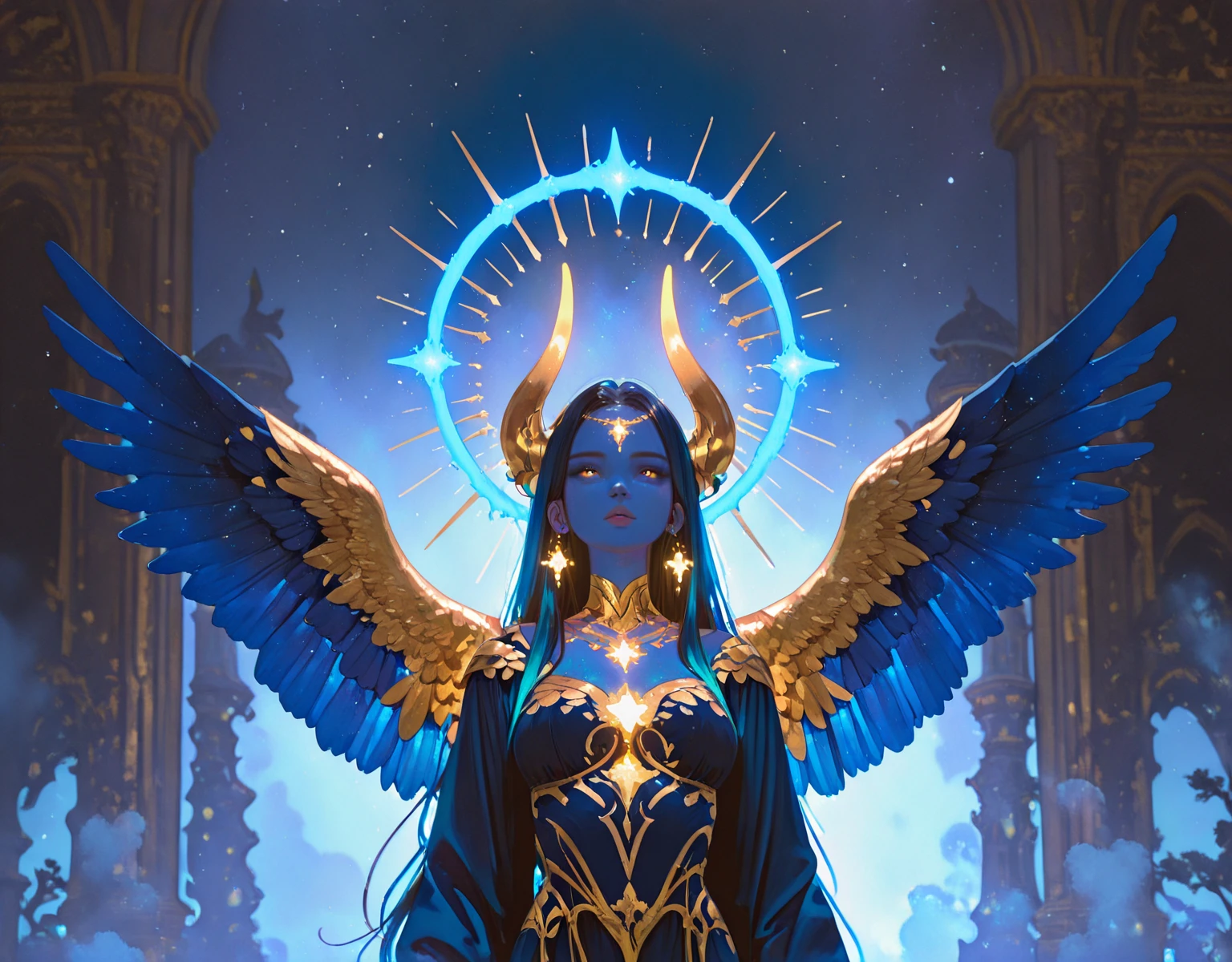 a digital painting of an eagle with blue eyes, unreal engine render + a goddess, very detailed , beeple global illumination, elaborate ornate jewellery, trending on cgisociety, motion graphics, rossdraws global illumination, cgsociety